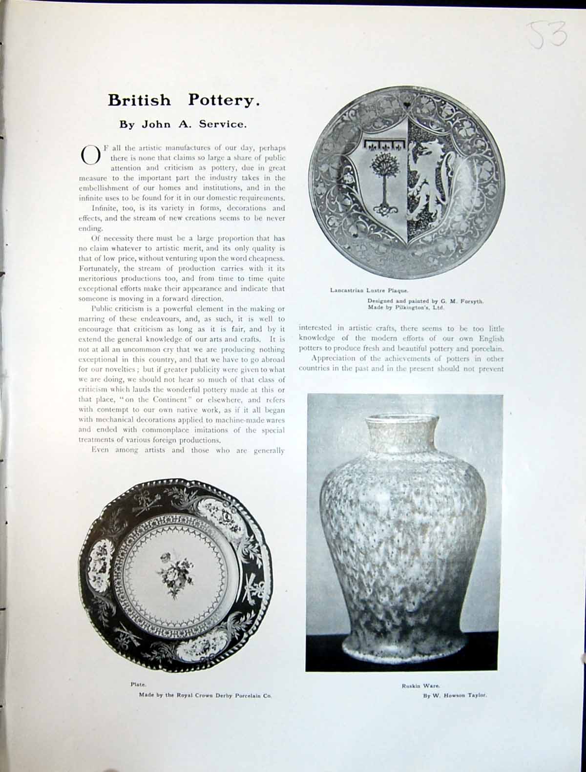 Old Art Journal 1908 British Pottery Ruskin Lancastrian Plate Tea Ser 20th
