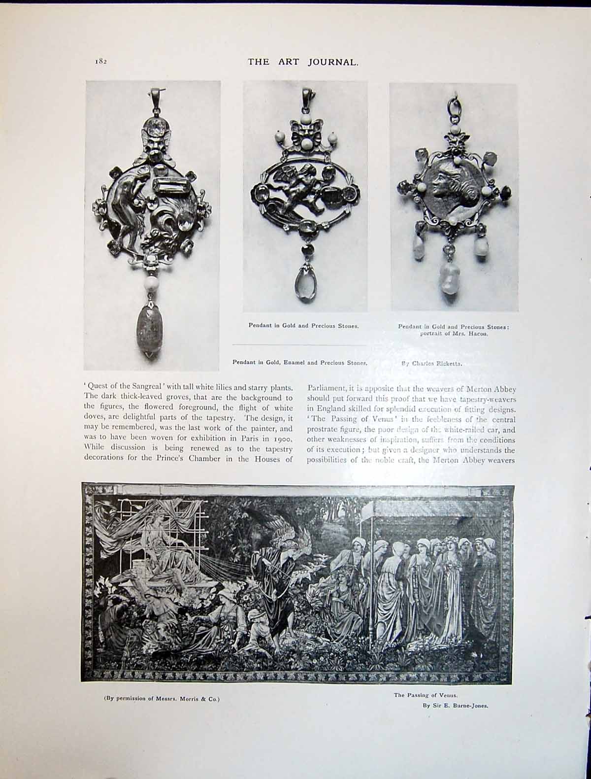 Antique Print Art Journal 1908 Tapestry Passing Venus GPendant Precious Sto