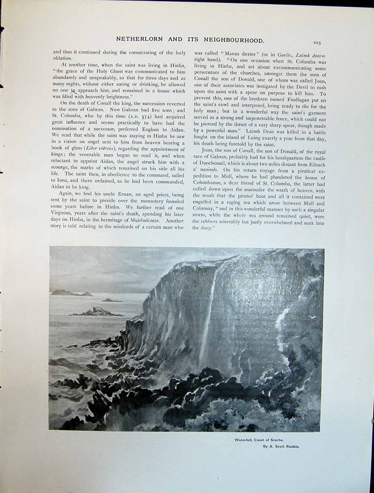Old Print Art Journal 1908 Waterfall Scarba Cliffs Sea Scene Scott Rankin 20th