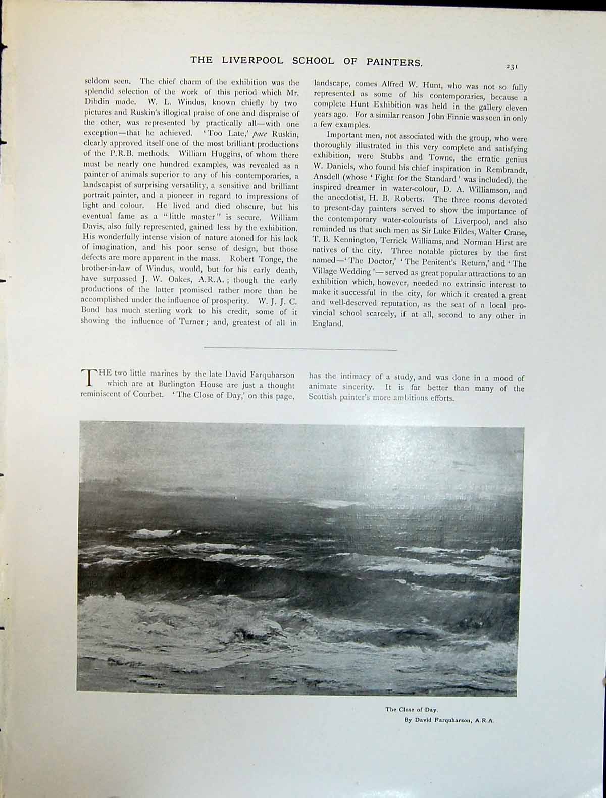 Old Print Art Journal 1908 Close The Day Beach Sea Waves David Farquhars 20th