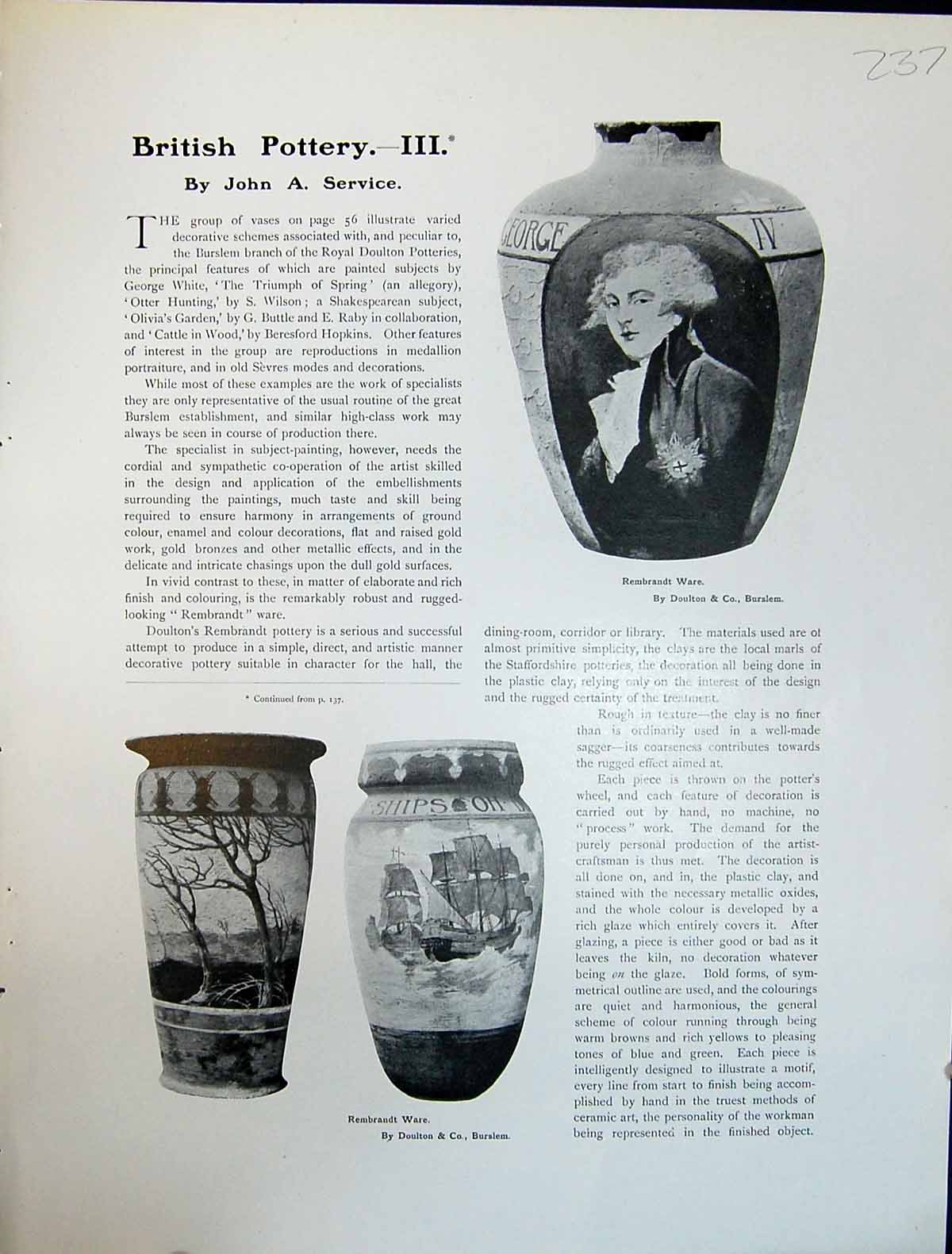 Old Art Journal 1908 British Pottery Rembrandt Ware Burslem Queen'S W 20th