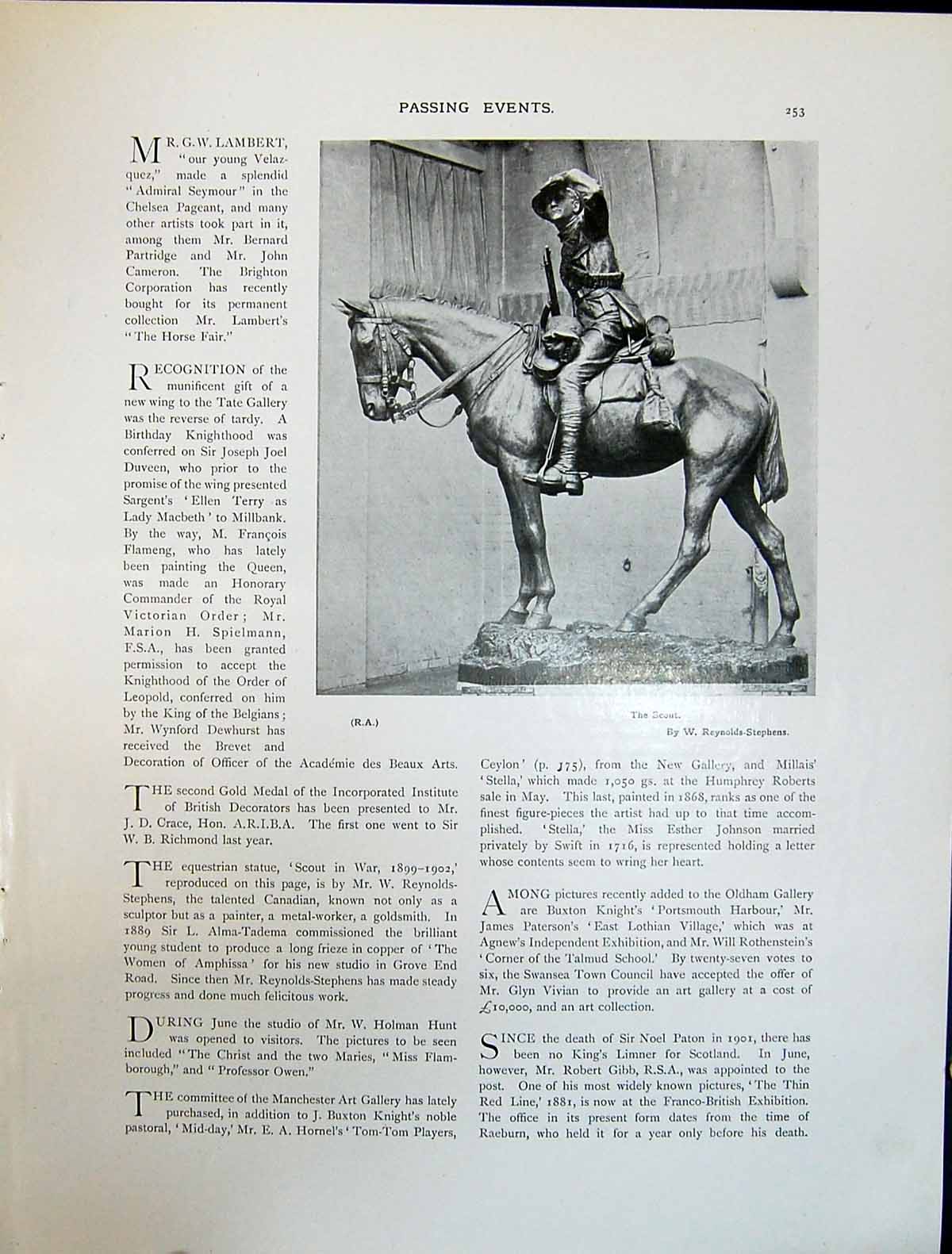 Old Print Art Journal 1908 Bronze Sculpture Man Horse Scout Reyns-Stephe 20th