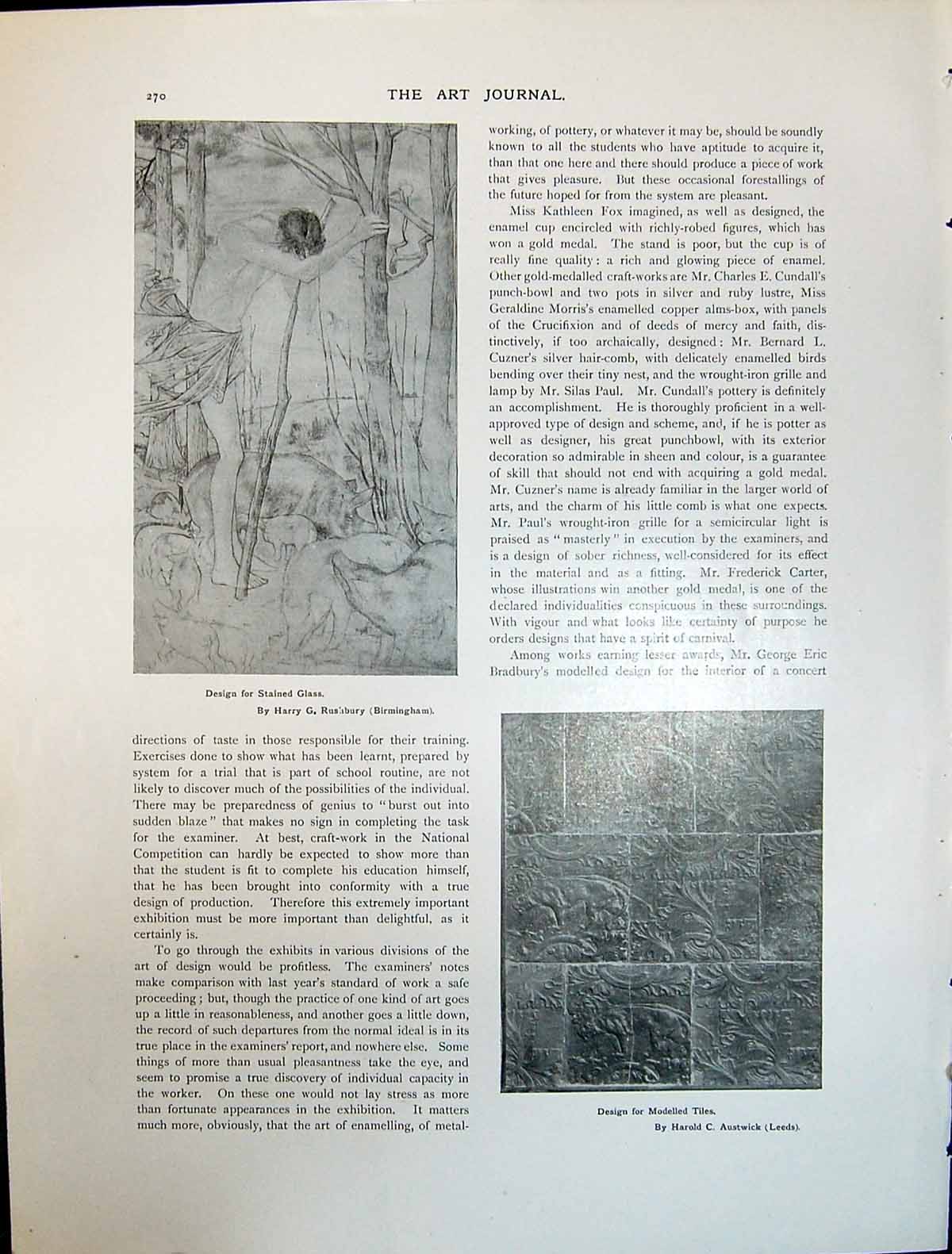 Old Art Journal 1908 Design Stained Glass Rushbury Modelled Tiles Aus 20th