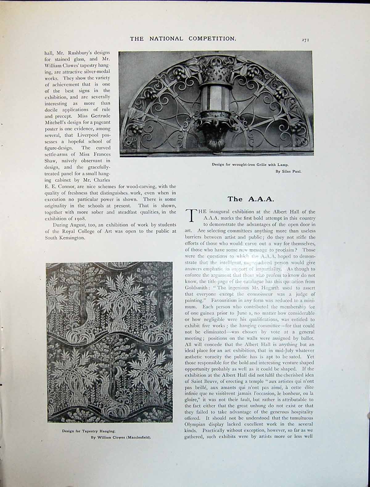 Old Art Journal 1908 Design Wrought Iron Grille Lamp Tapestry Hanging 20th