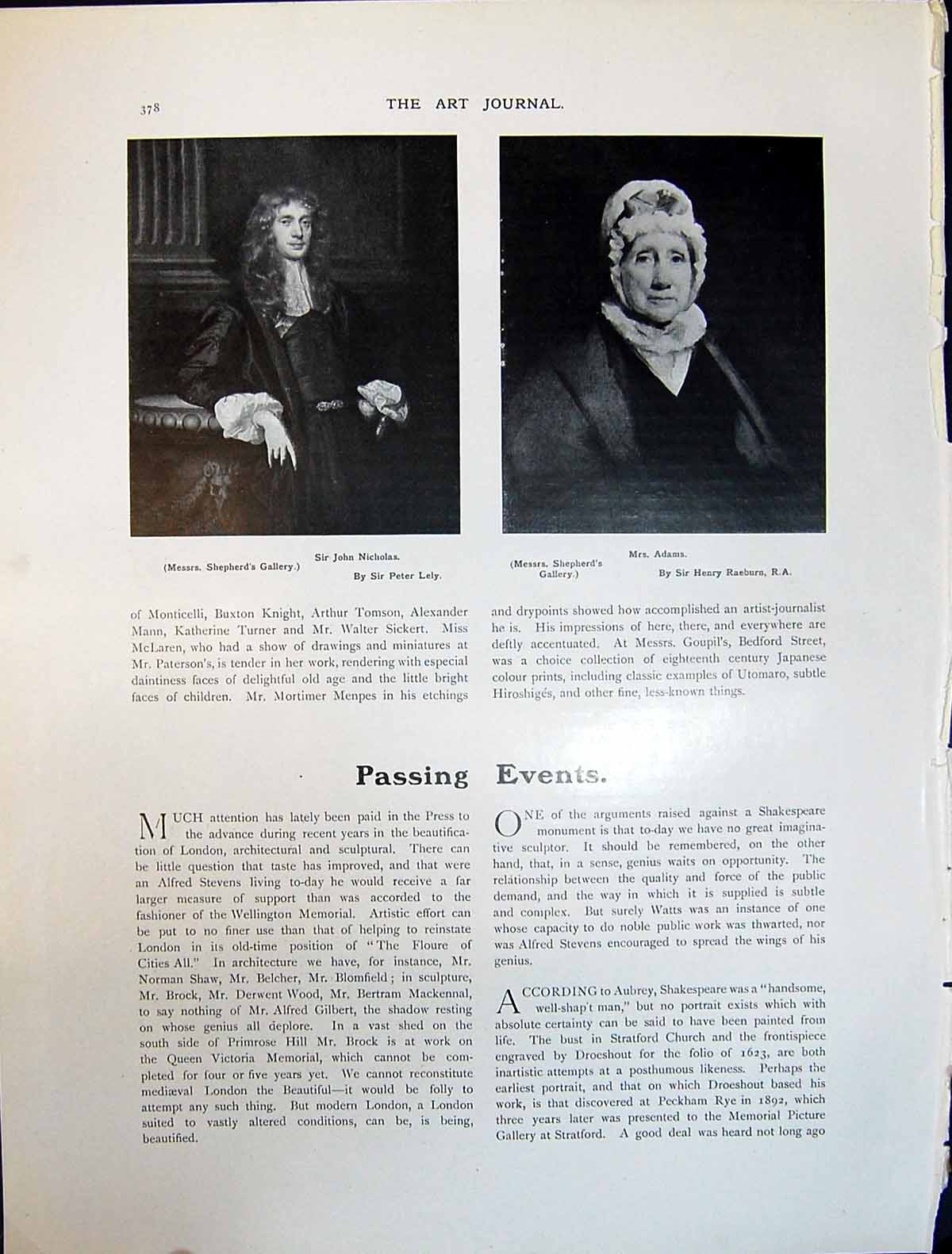 Old Art Journal 1908 Portrait Sir John Nicholas Mrs Adams Shepherd'S 20th