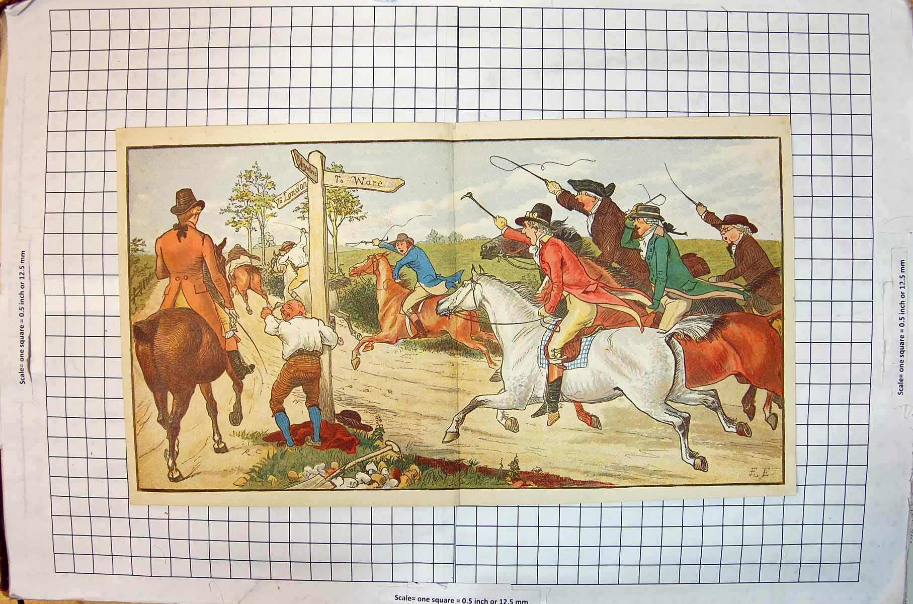 Old Antique Print Colour Men Riding Horse Animals Whips Ware London Chase