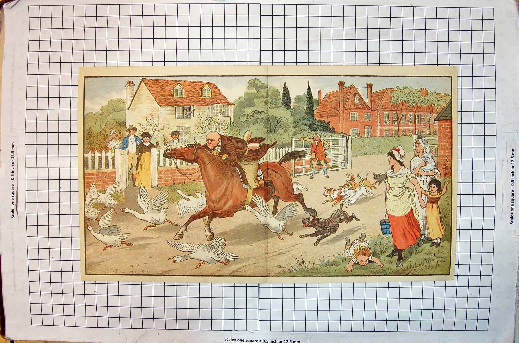 Antique Old Print Colour Gilpin Man Riding Horse Animals Women Children Race