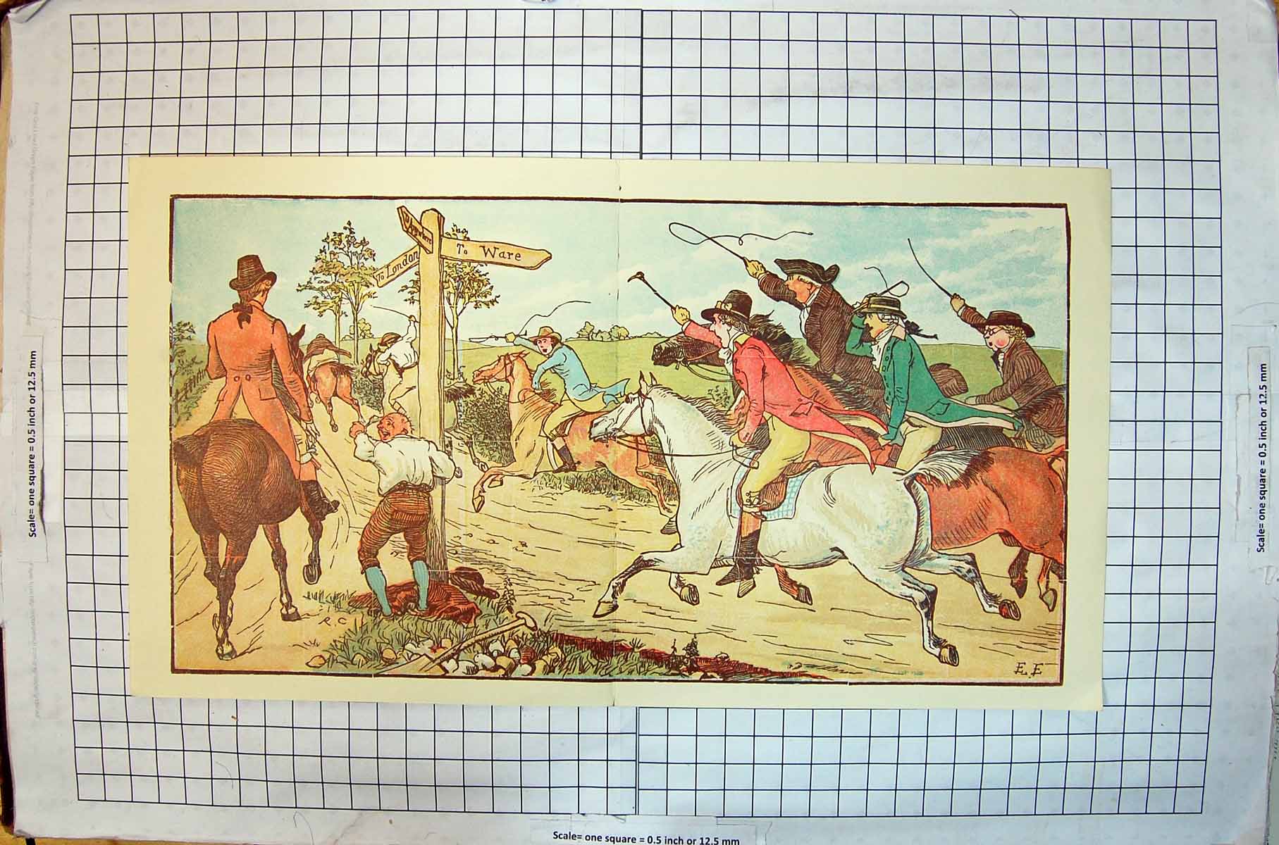 Old Antique Print Colour Men Riding Horse Animals Whips Chase Ware London