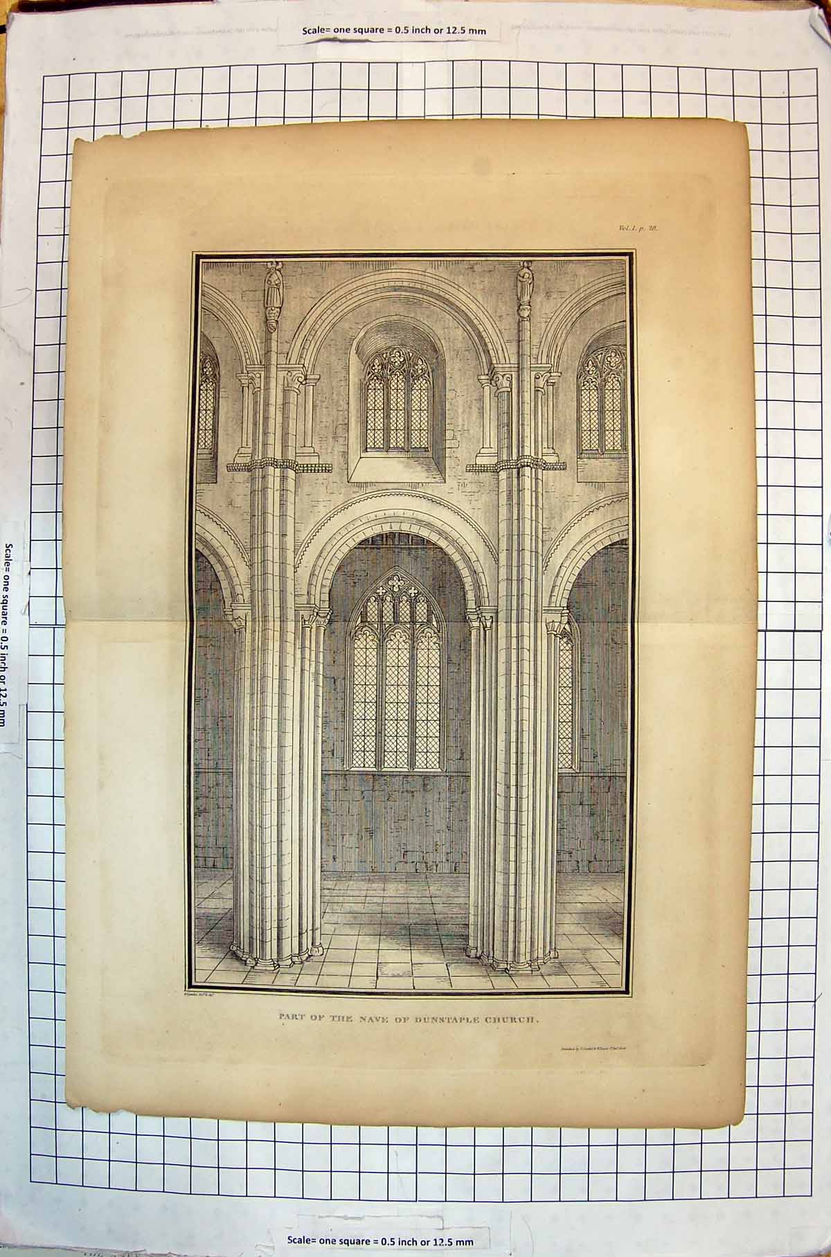 Original Old Antique Print Part The Nave Dunstaple Church Lysons Cadell Davies