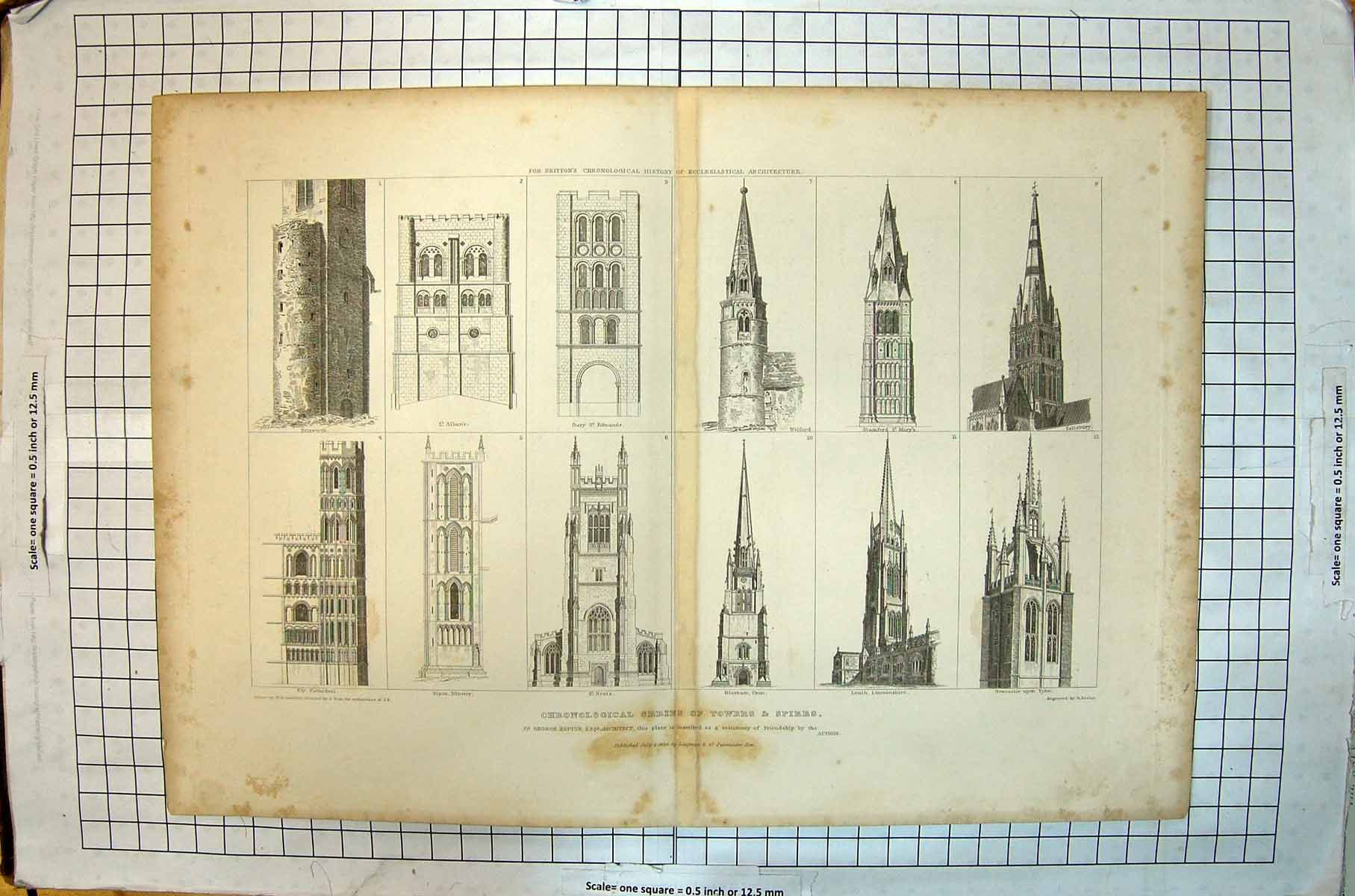 Old Print Chronological Series Towers Spires Welford Ripon Salisbury 1826 19th