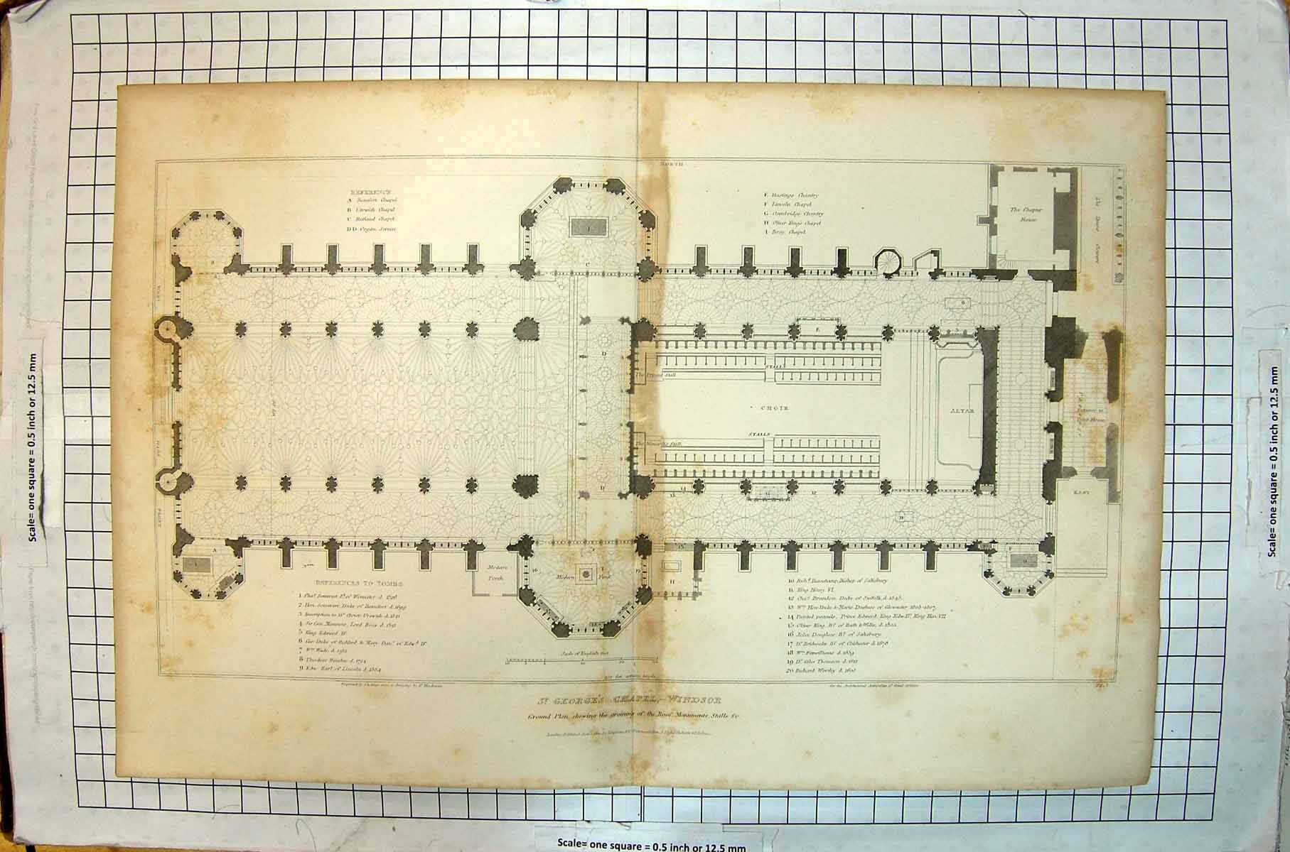 Antique Old Print George Chapel Windsor Ground Plan RoMonuments Tombs 1810 19th