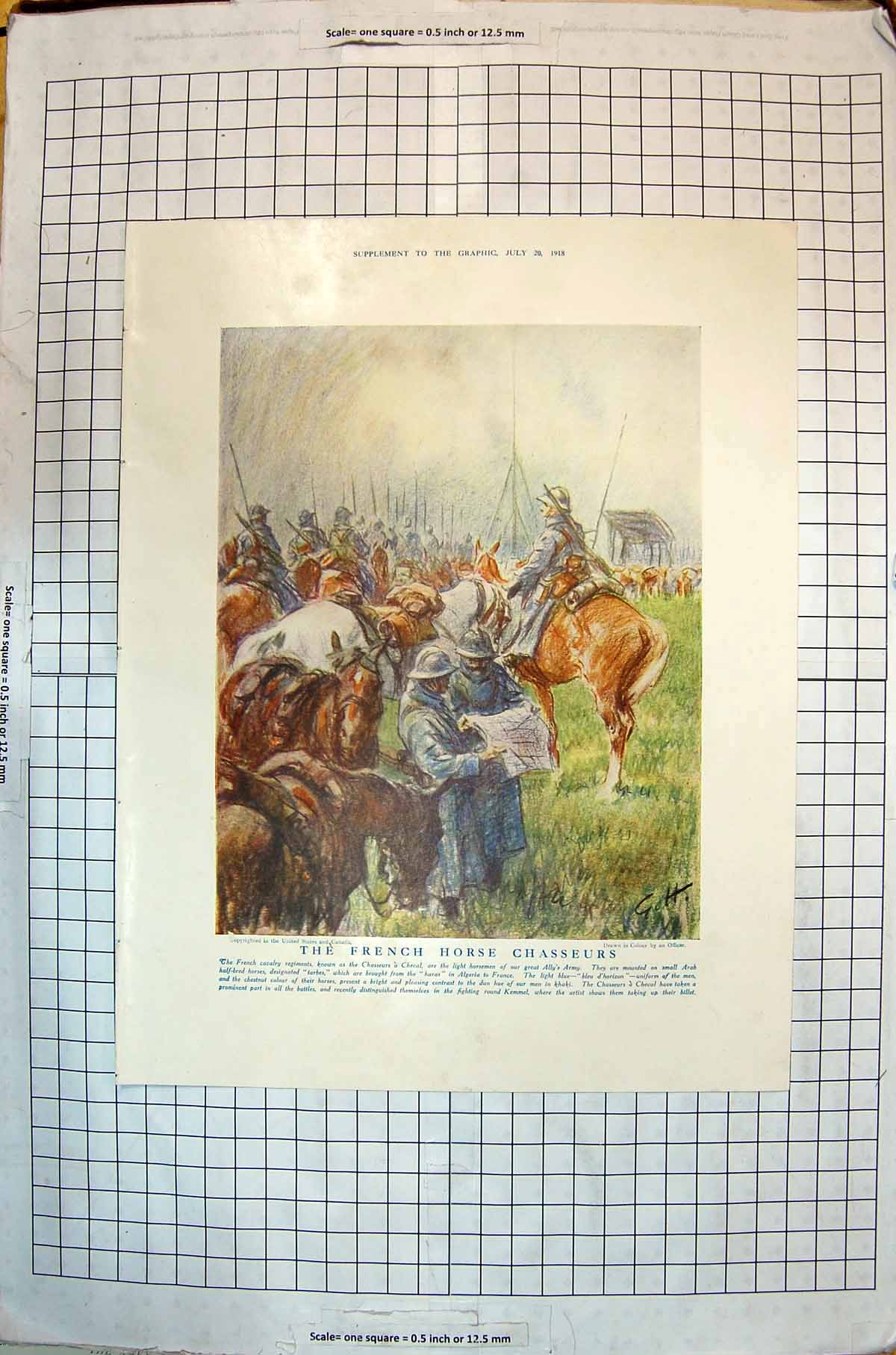Original Old Antique Print Colour French Horse Chasseurs Animals Men Drawing