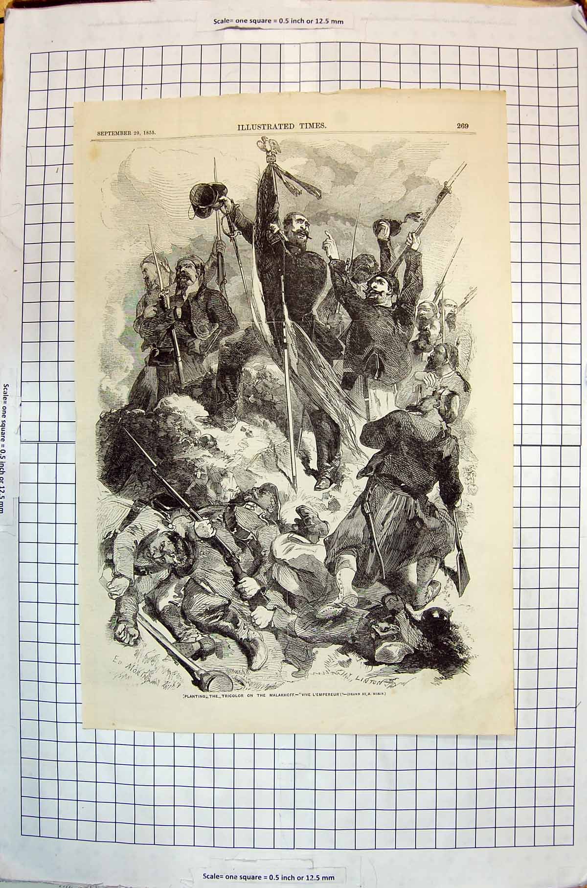Old Print Planting Tricolor Malakhoff Vive L'Empereur Men Weapons Uniform