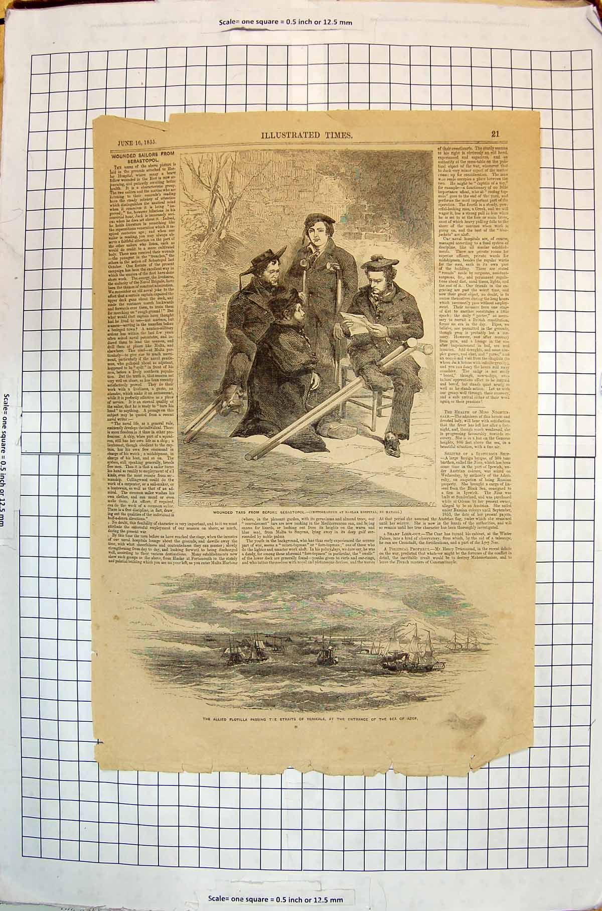 Antique Old Print 1855 Wounded Tars Sebastopol Flotilla Yenikale AzSea Ships