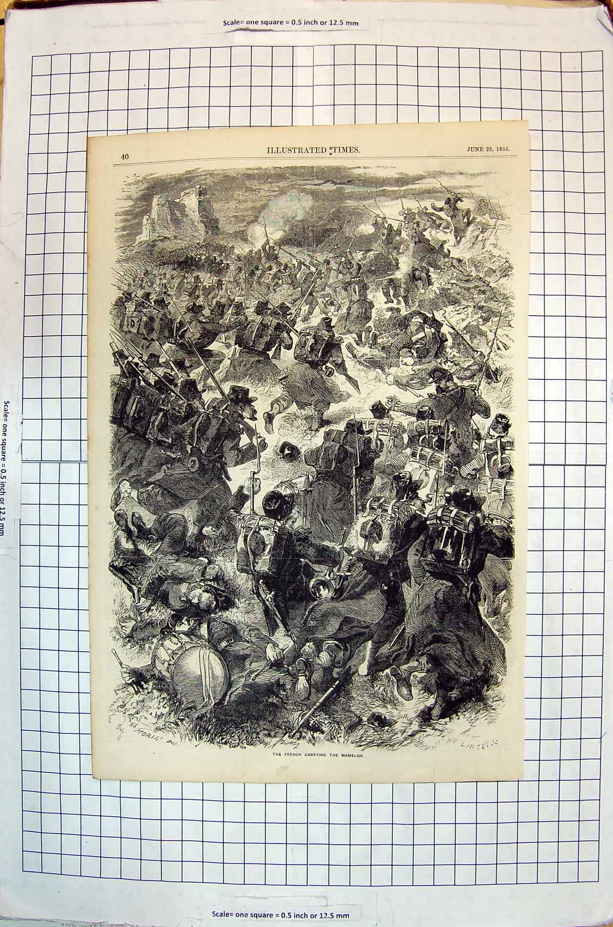 Original Old Antique Print French Carrying Mamelon Men Uniform Weapons War 1855
