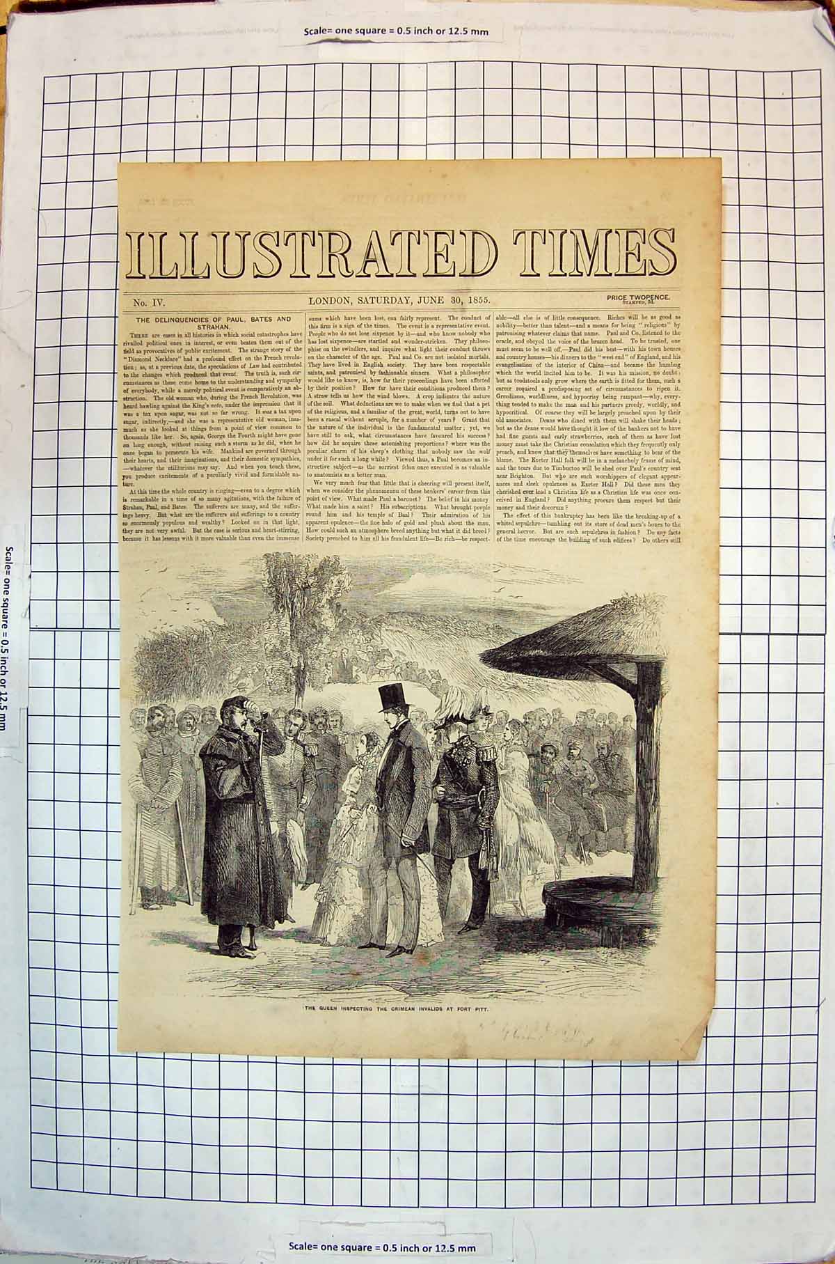 Original Old Antique Print Queen Inspecting Crimean Invalids Fort Pitt 1855