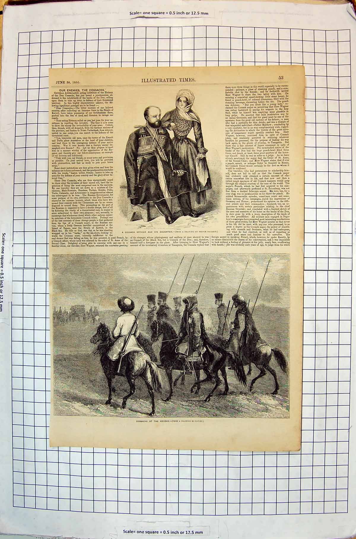 Old 1855 Cossack Officer Daughter Gagarin Kouban Raffet Horses Weapon Victorian