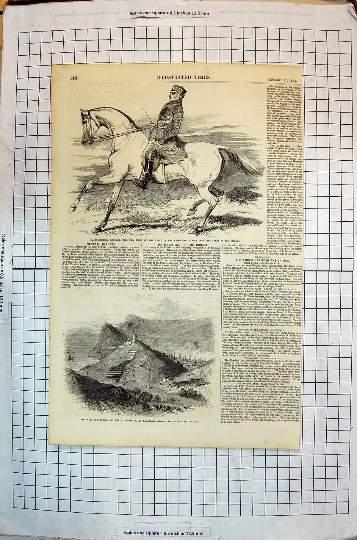 Old Print Major General Barnard Crimea Sanatorium Hospital Balaclava 1855 19th