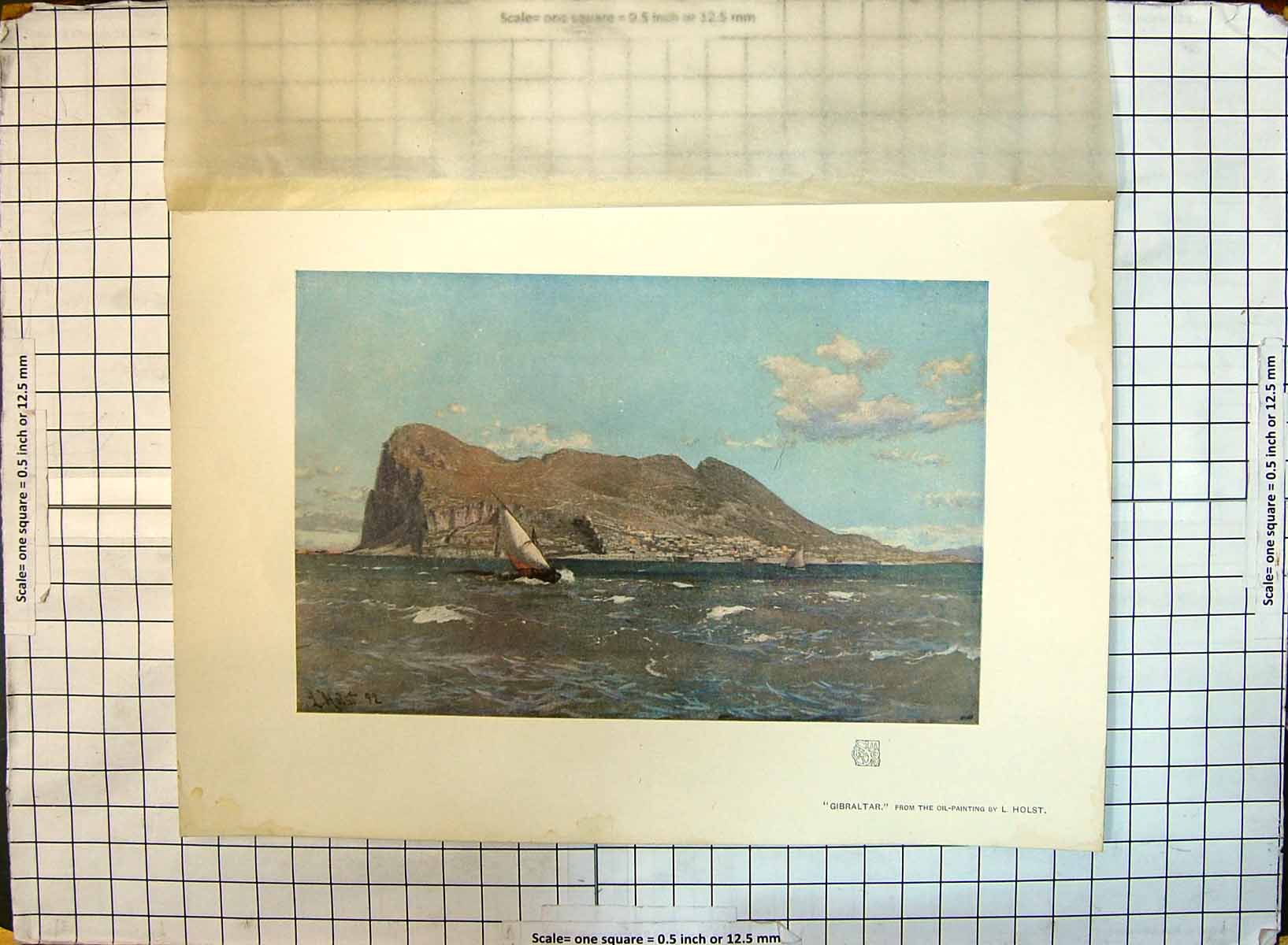 Original Old Antique Print Colour View Gibraltar Spain Sailing Boat Holst 903