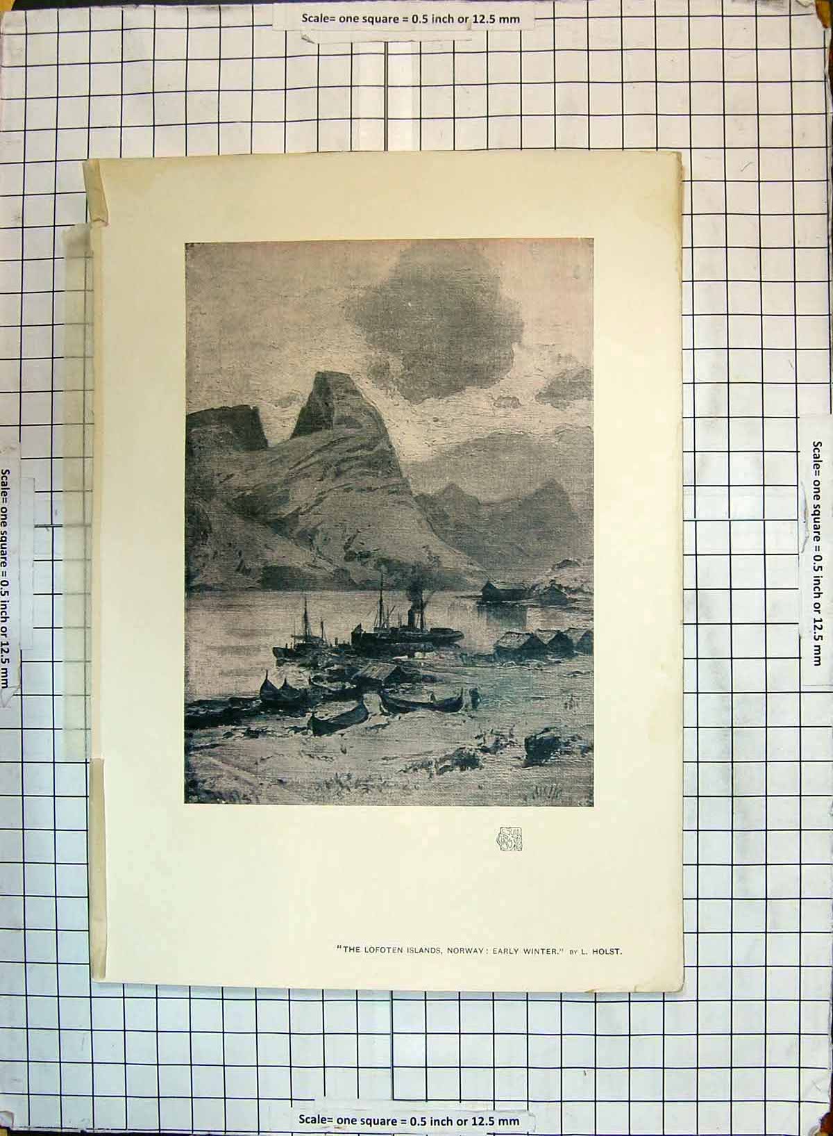 Original Old Antique Print View Loten Islands Norway Boats Mountains Holst 1903