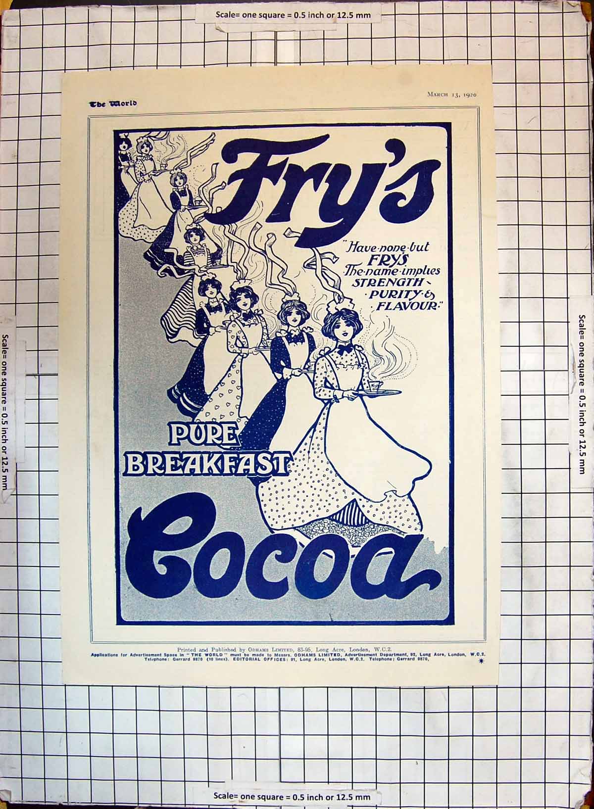 Original Old Vintage Print Advertisement Fry'S Pure Breakfast Cocoa Drink 1920