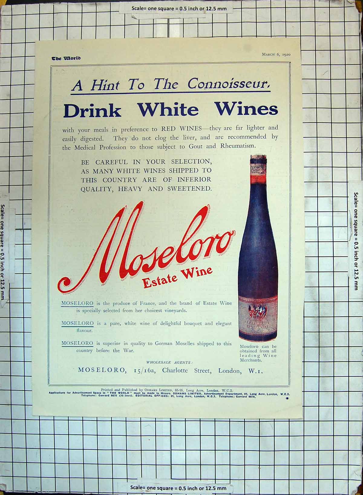 Original Old Vintage Print Advertisement Moseloro Estate Wine 1920 London 20th