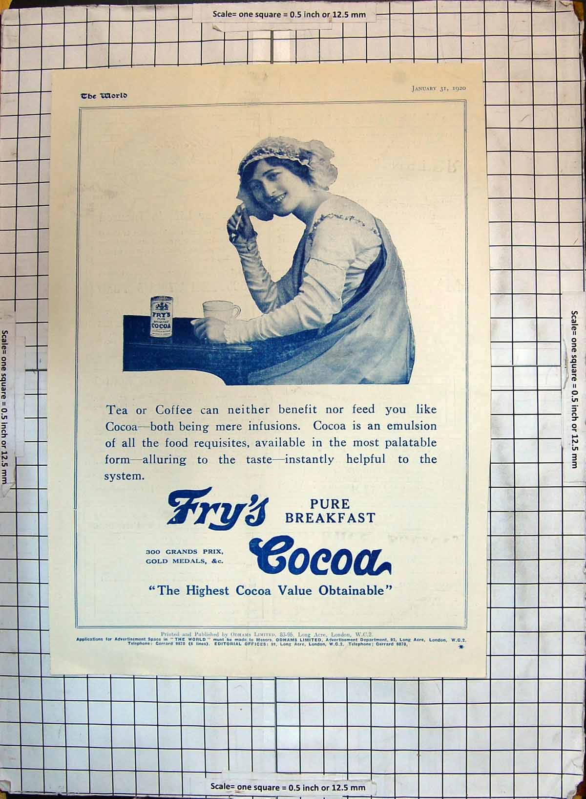 Original Old Vintage Print Advertisement Fry'S Pure Breakfast Cocoa 1920 Odhams