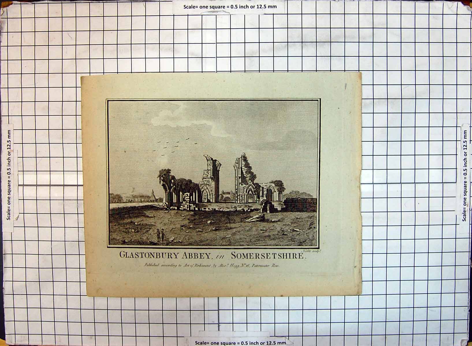 Original Old Antique Print Ruins Glastonbury Abbey Somersetshire Noble Hogg