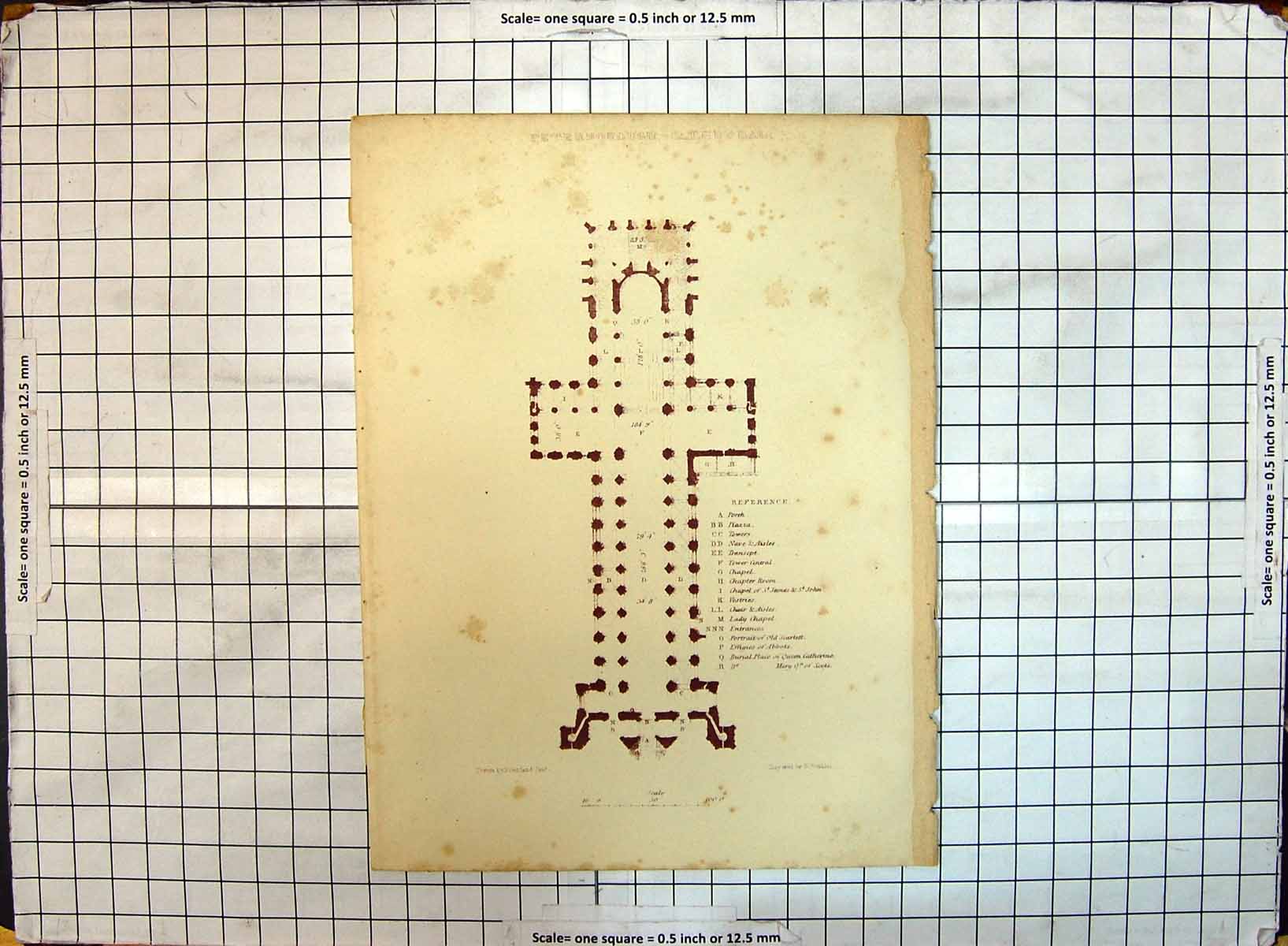 Original Old Antique Print Plan Peterborough Cathedral Winkles Garland