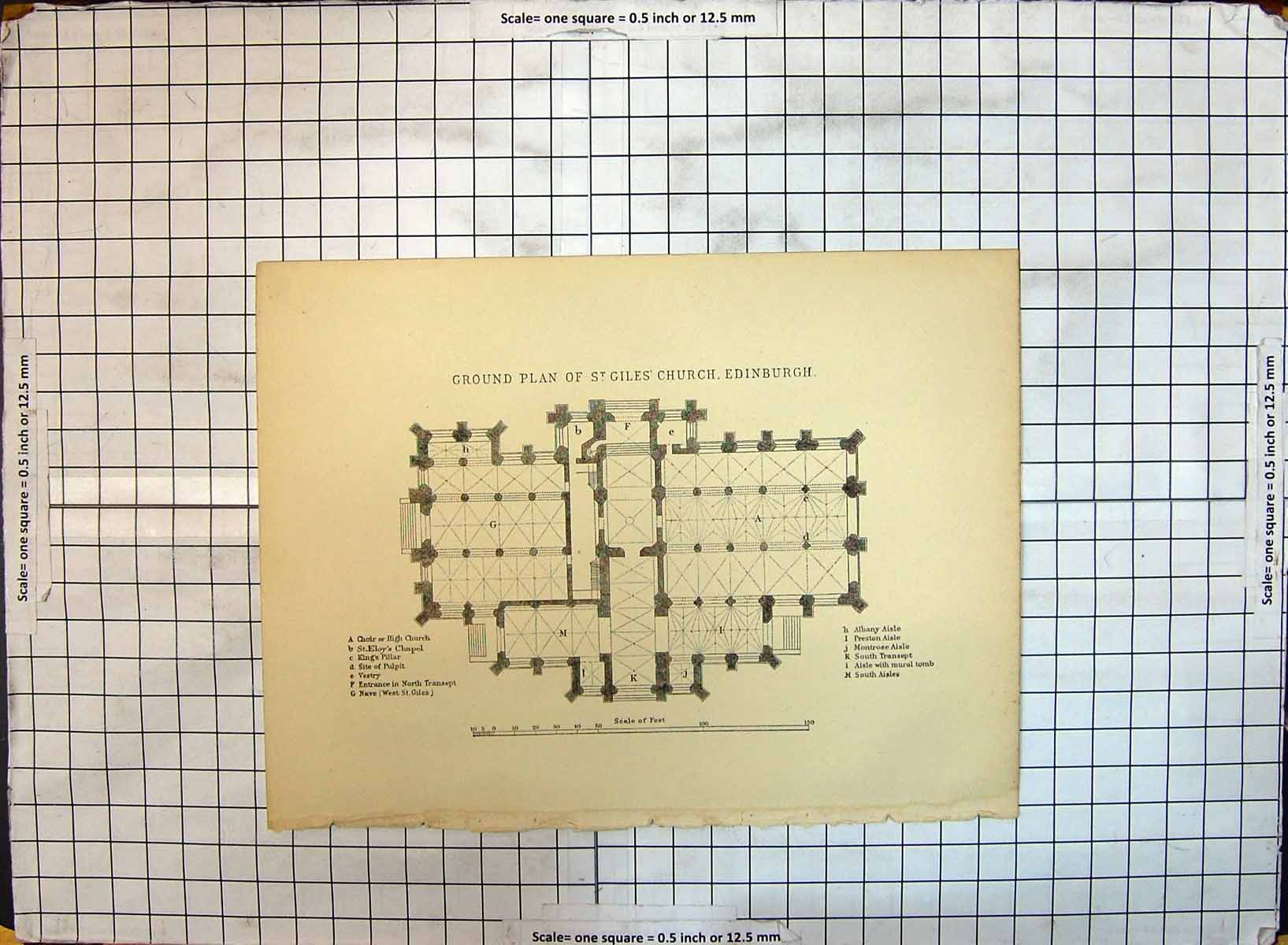Antique Old Print Ground Plan St. Giles Church Edinburgh Albany Isle Preston