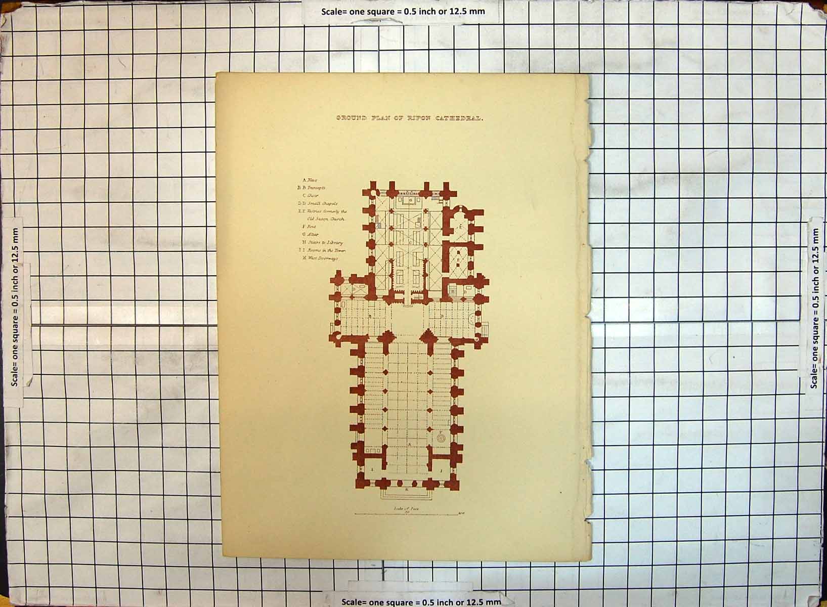 Original Old Antique Print Ground Plan Ripon Cathedral Transepts Saxon Church