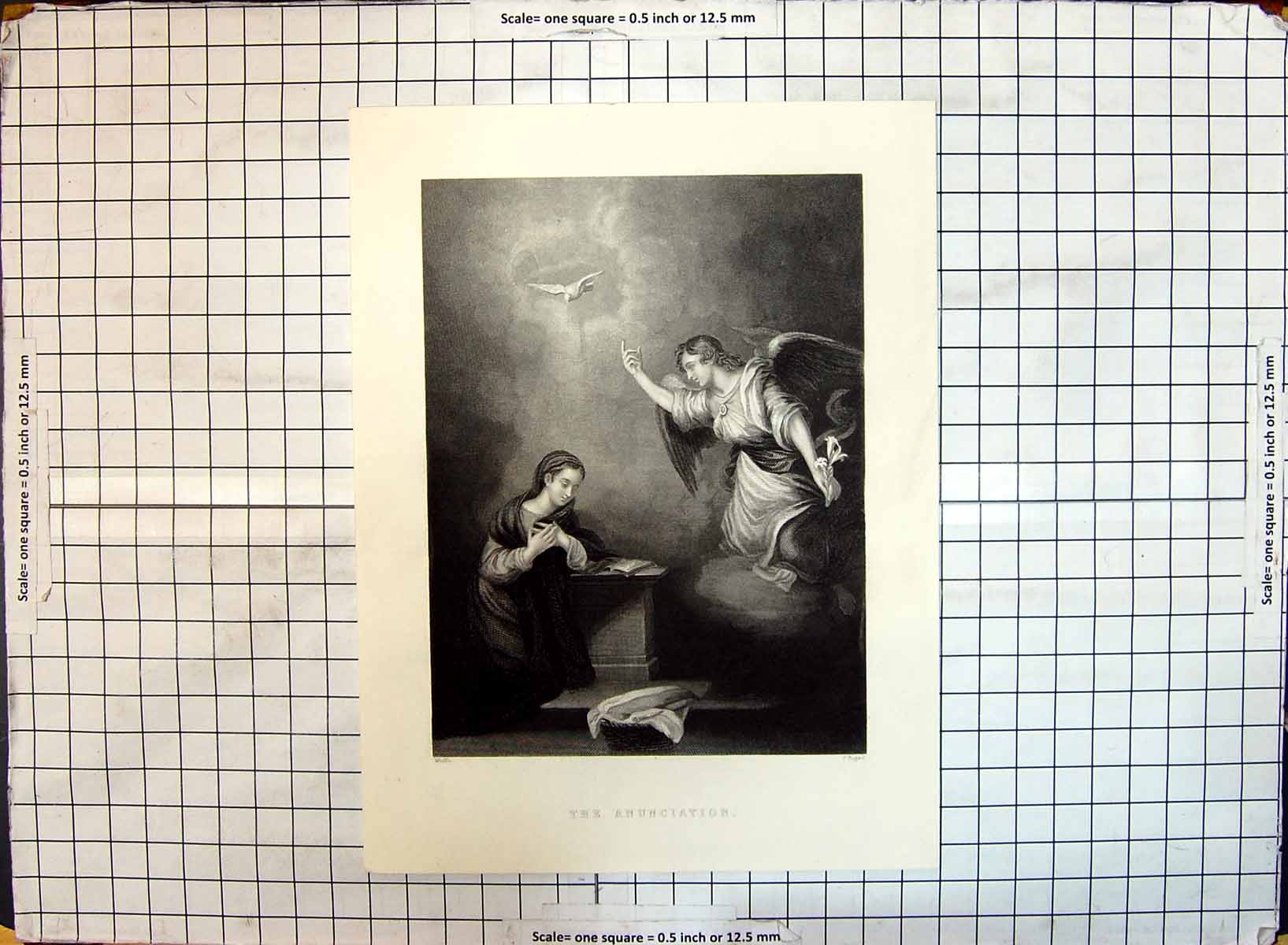 Original Old Antique Print Scene Man Women Bird Anunciation Rogers Murillo