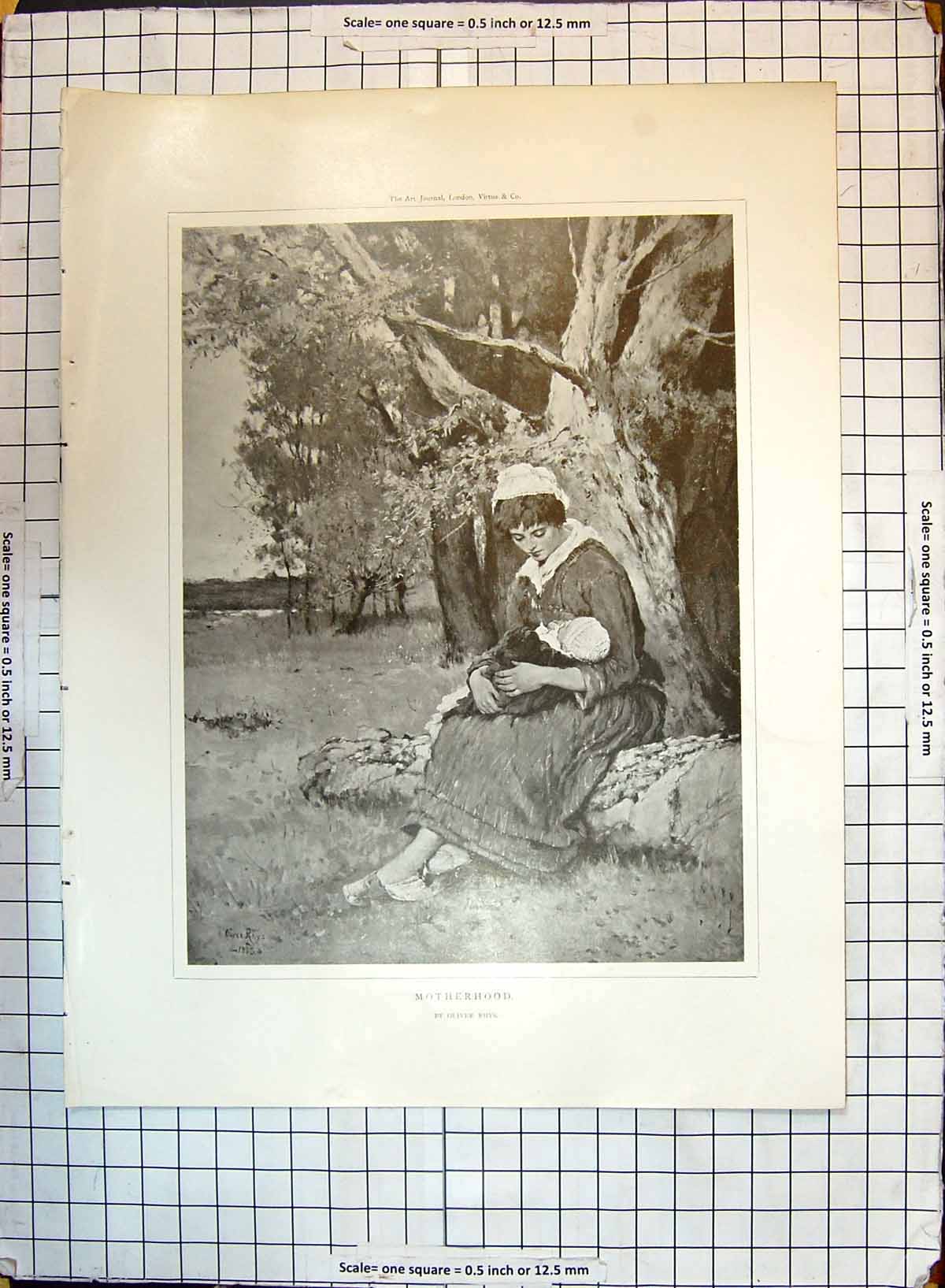 Original Old Antique Print Motherhood Mother Baby Trees Oliver Rhys