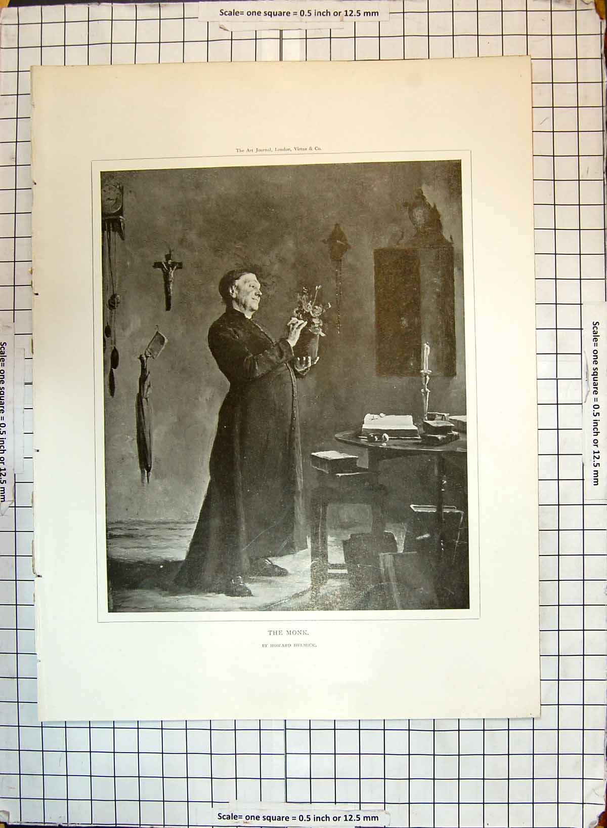 Original Old Antique Print Portrait Monk Man Flowers Church Howard Helmick