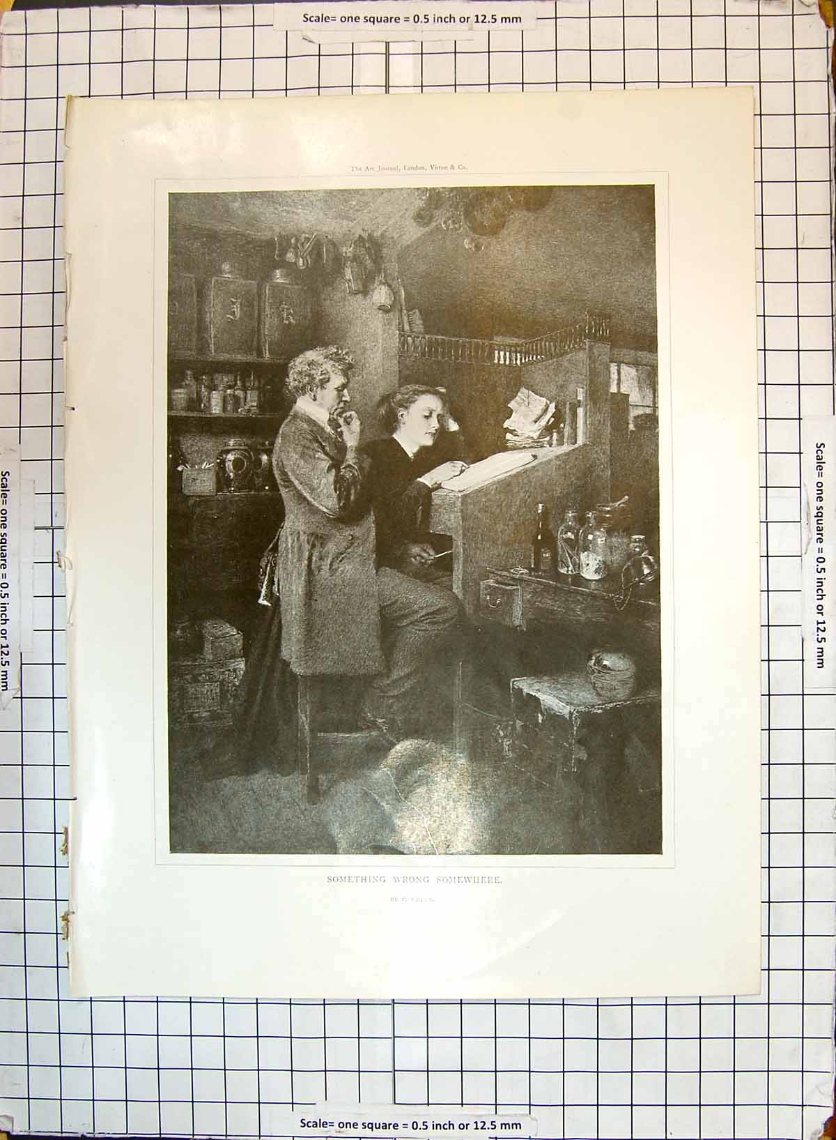 Old Antique Print Man Girl Reading Book Something Wrong Somewhere Green
