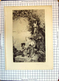 Antique Old Print Cupid Spell Sculpture Man Lady Romance Boucher Henry Woods