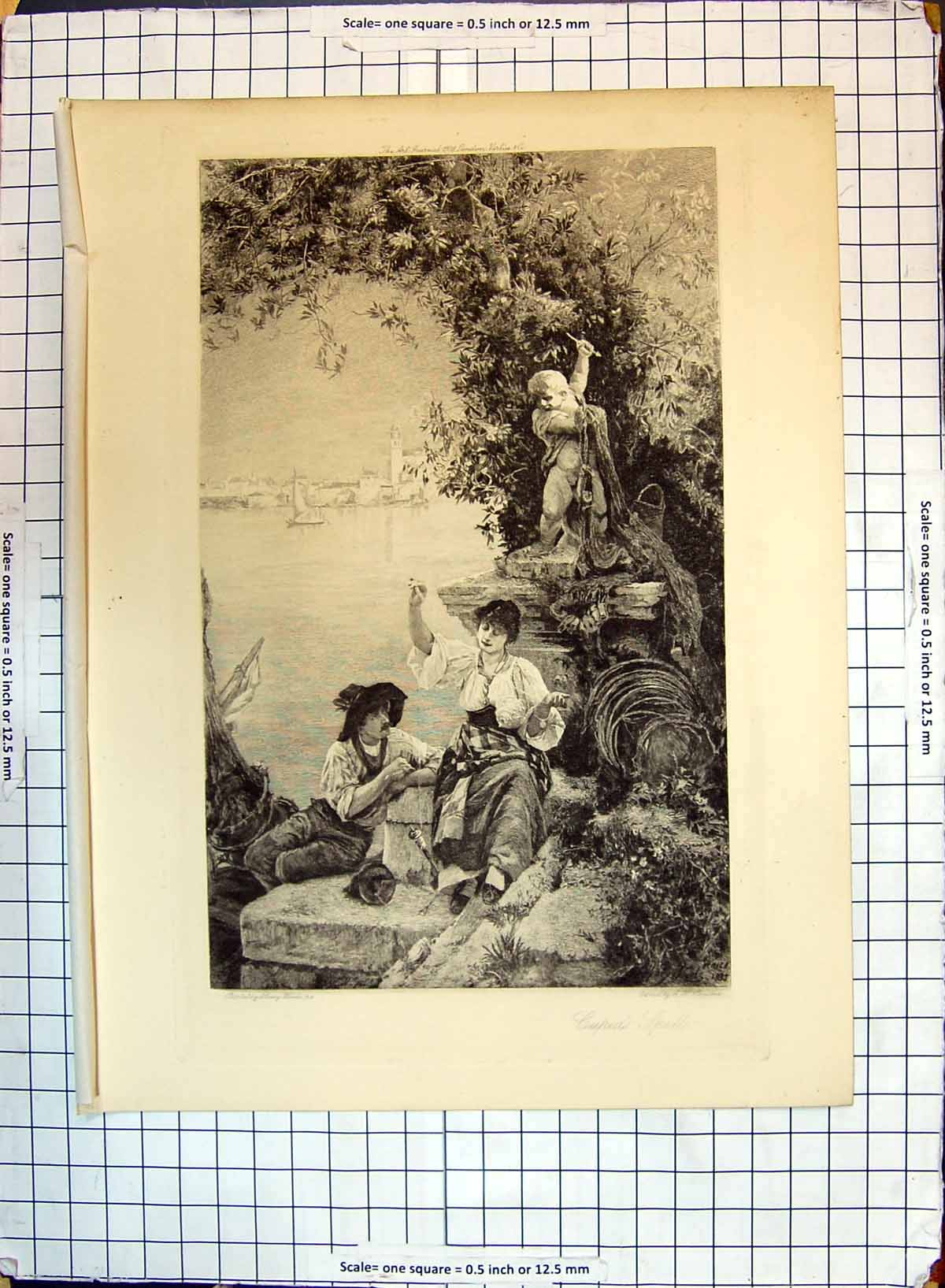 Antique Old Print Cupid Spell Sculpture Man Lady Romance Boucher Henry Woods