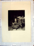 Original Old Antique Print Children Baby Crib Table Book House Scene 19th