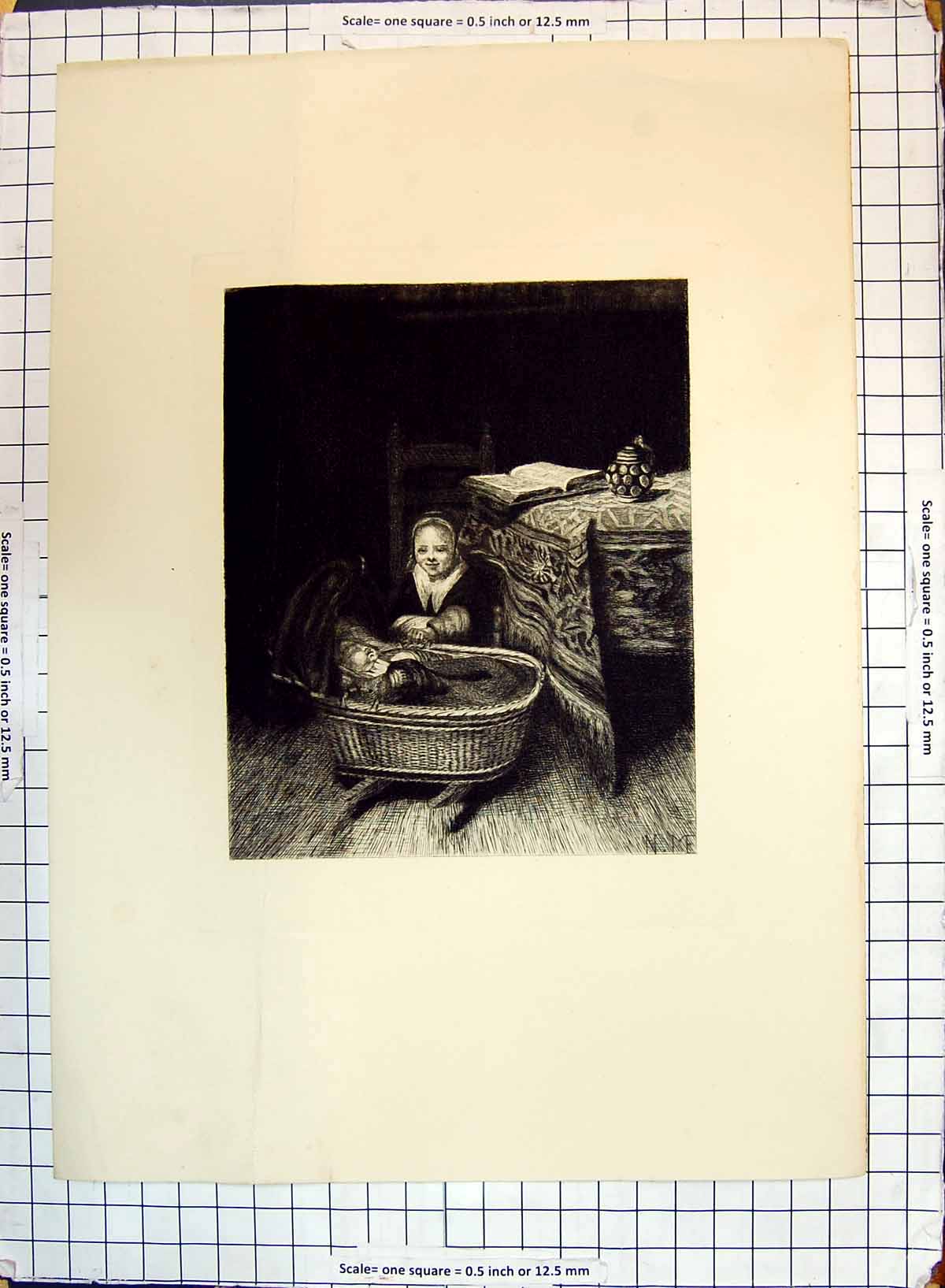 Original Old Antique Print Children Baby Crib Table Book House Scene 19th