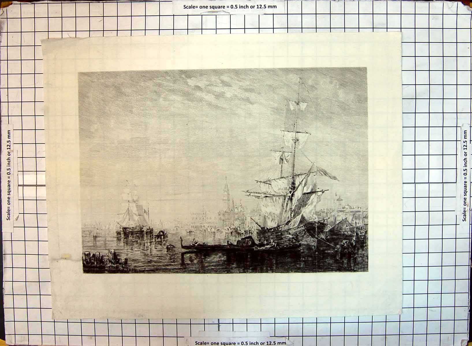 Original Old Antique Print Sailing Ships Harbour Buildings Architecture 19th