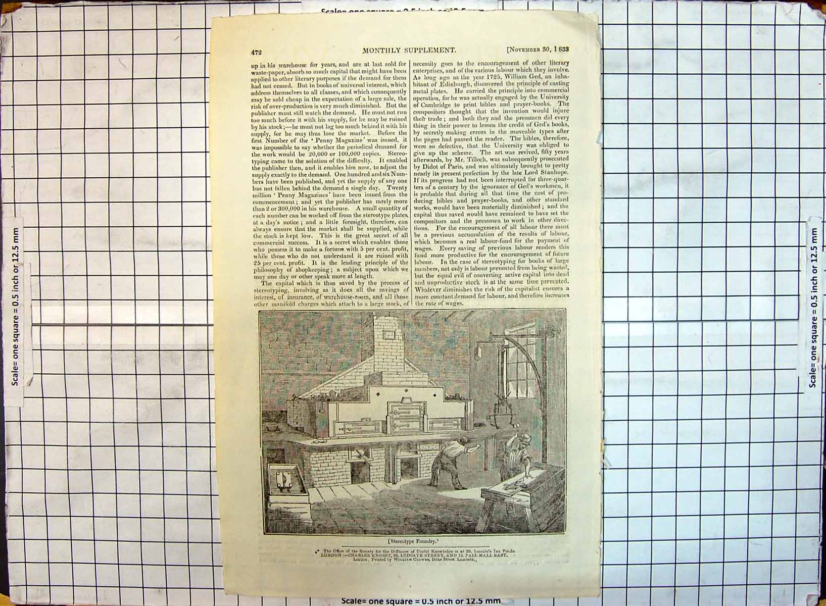 Antique Old Print 1833 Sterotype Foundry Industry Men Steel Works Machinery