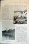 Antique Print Scenes Yang-Tse-Kiang Pagoda Boats Coiled Ropes Cockerel 1900