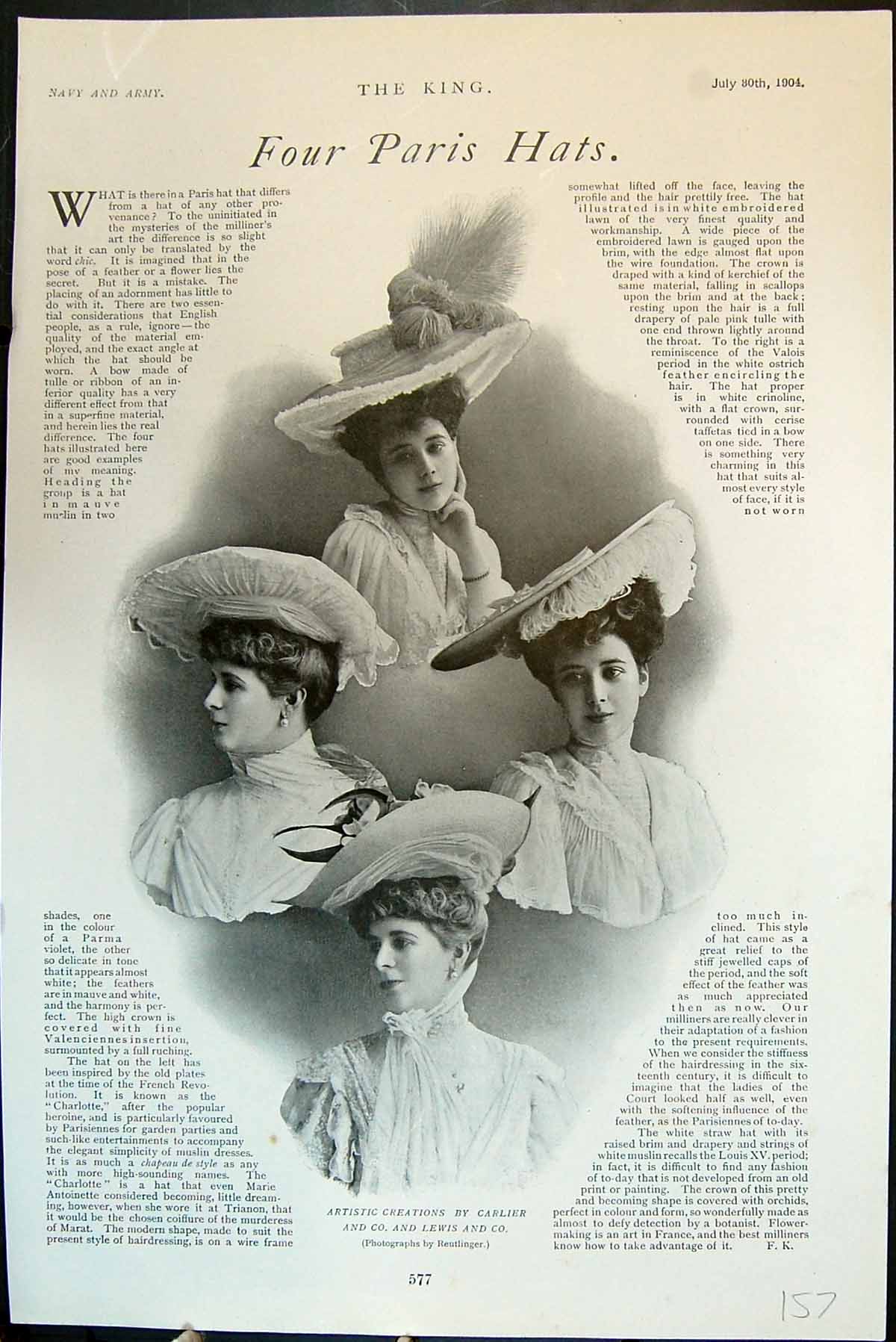 Old Print Four Paris Hats Artistic Creations Carlier & Co Lewis & Co 1904 20th