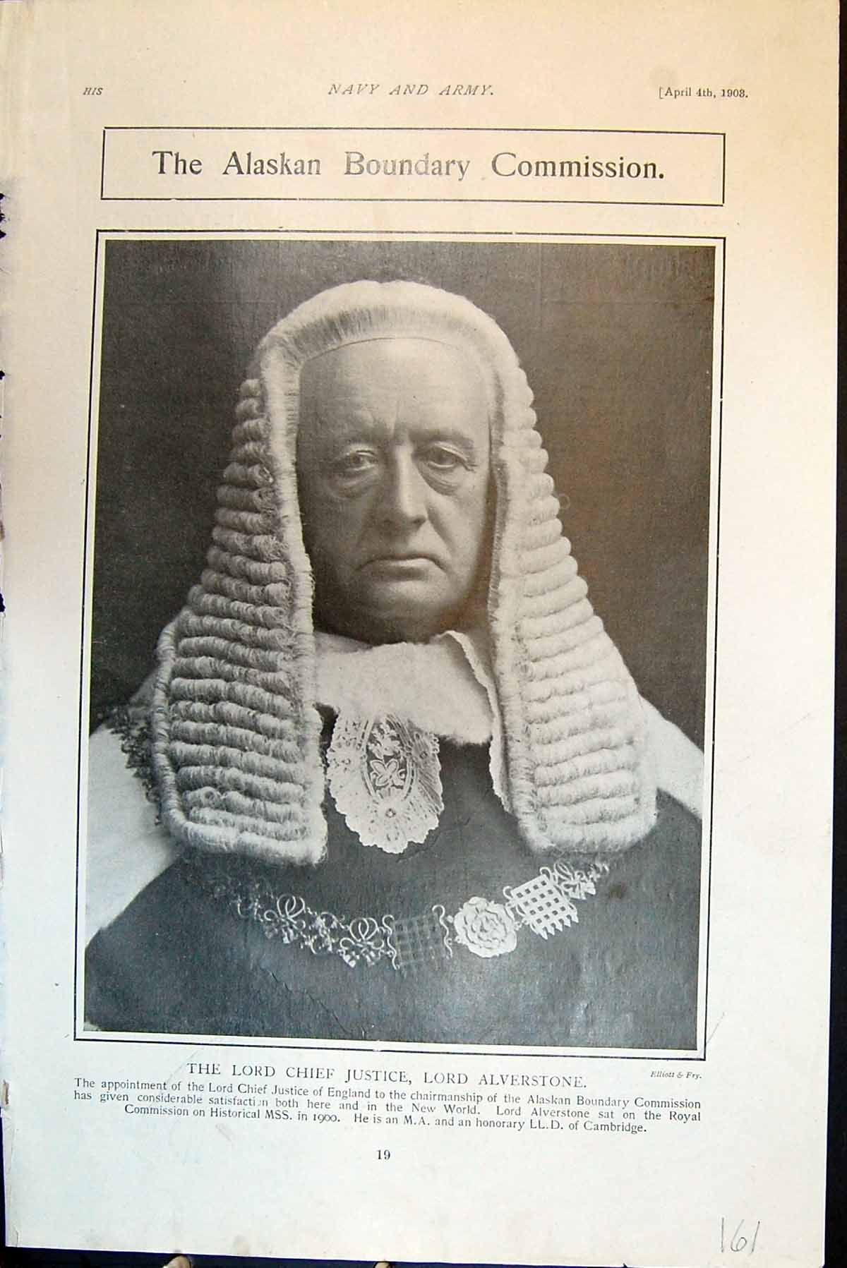 Old Print Alaskan Boundary Commission Lord Chief Justice Alverstone 1903 20th