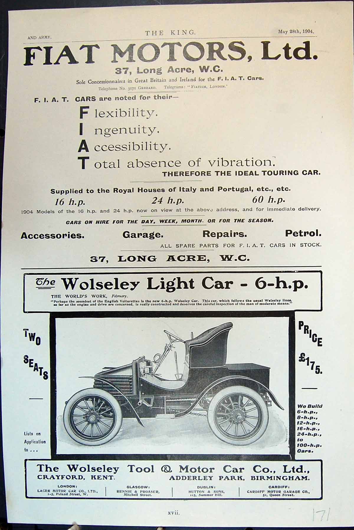 Old Advertisements Fiat Cars Ideal Touring Wolseley Light CarHp 1904