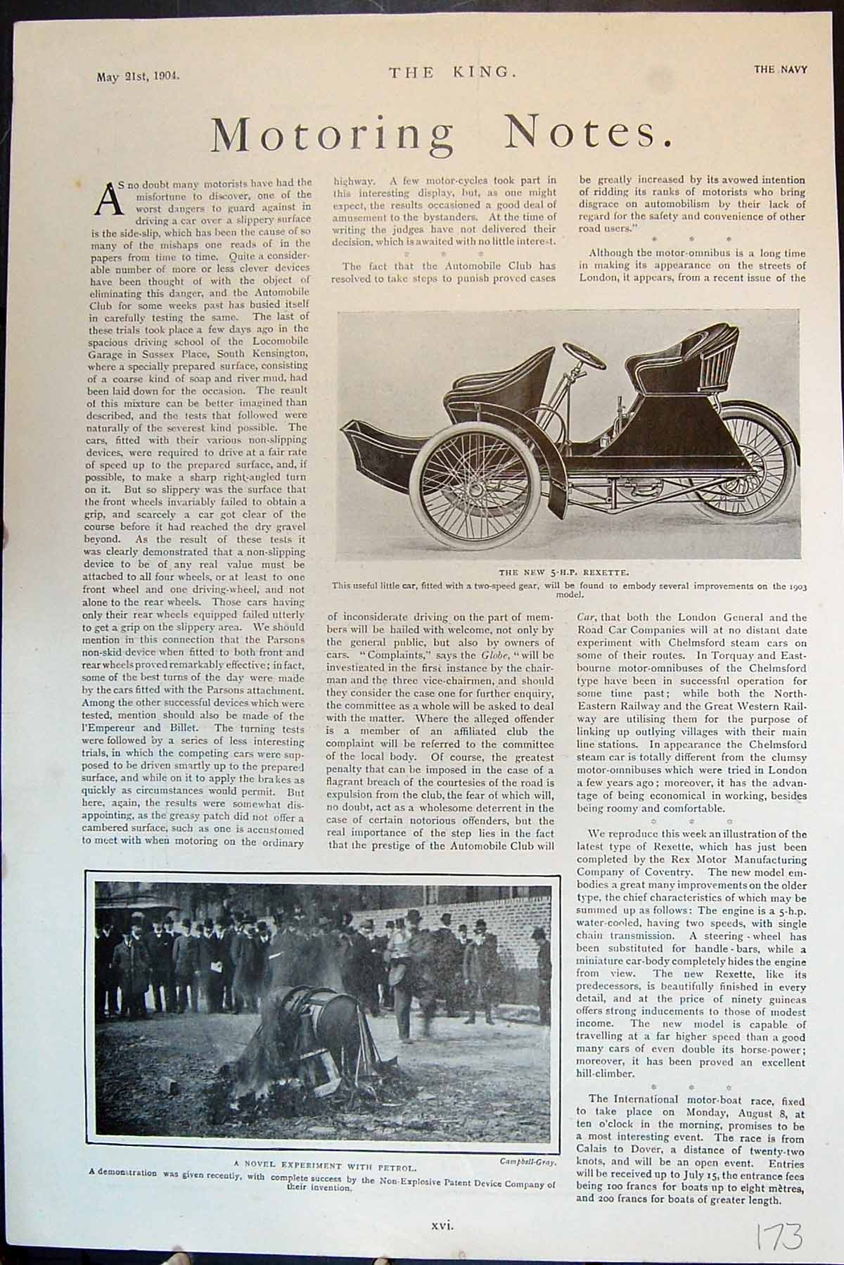 Antique Old Print Motoring Notes NewHp Rexette Experiment With Petrol 1904