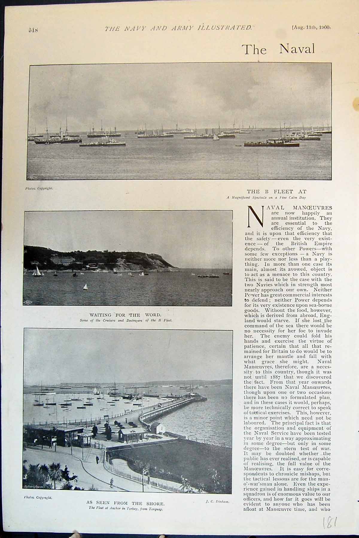 Old Print Naval Manouevres B Fleet Spectacle Calm Day Torbay Torquay 1900 20th