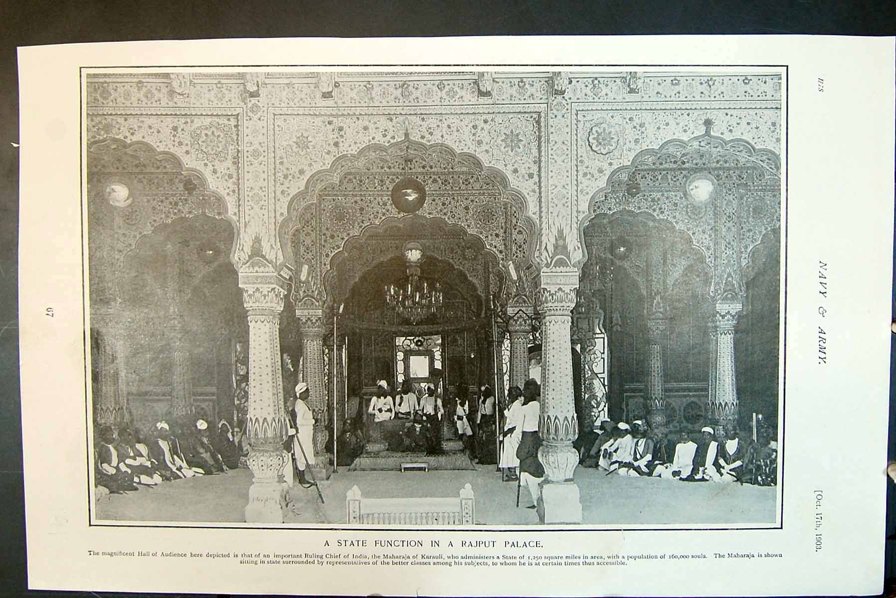 Antique Old Print State Function Rajput Palace Hall Audience Maharaja 1903 20th