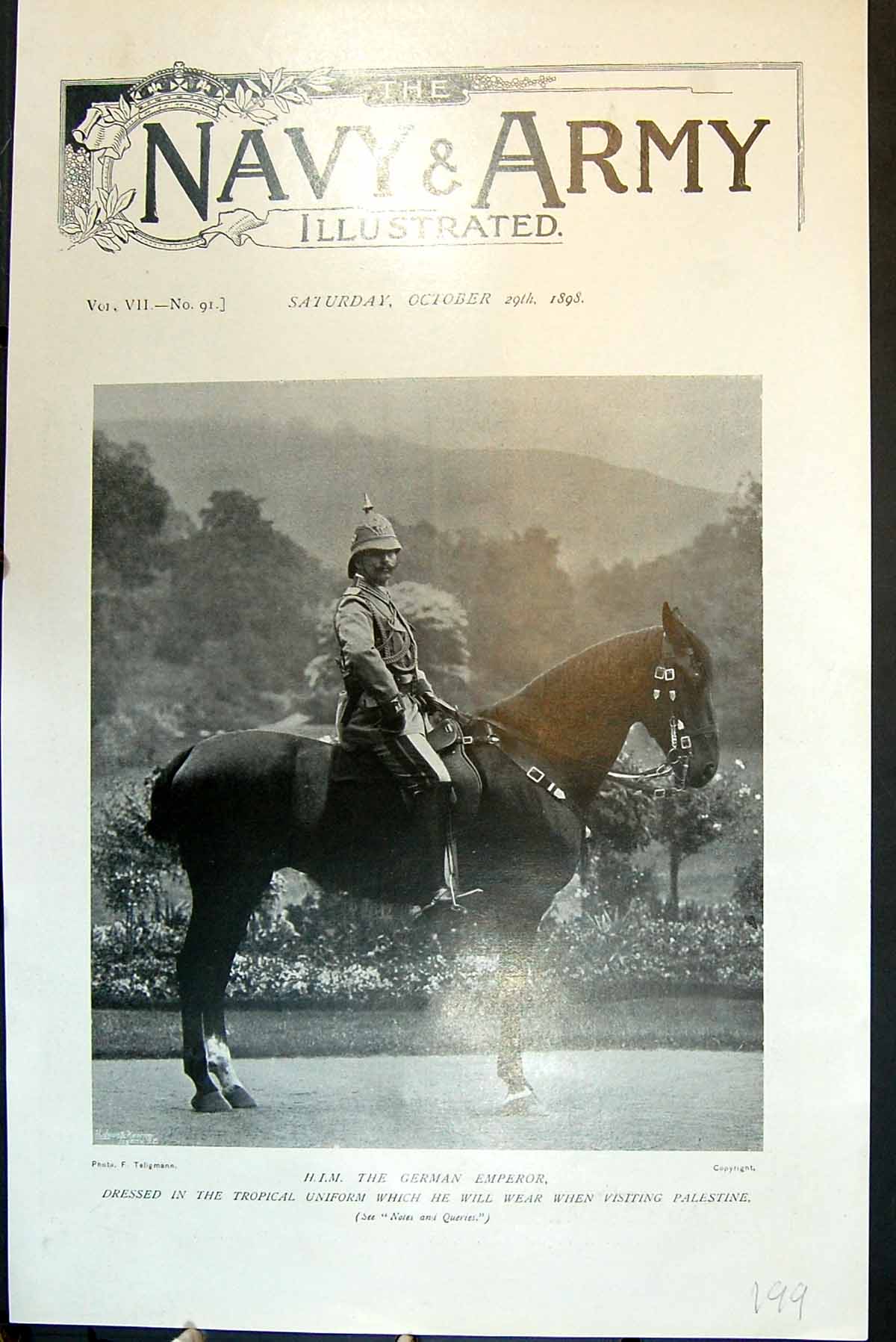 Old Print HIM The German Emperor Mounted Horseback Tropical Uniform 1898 19th