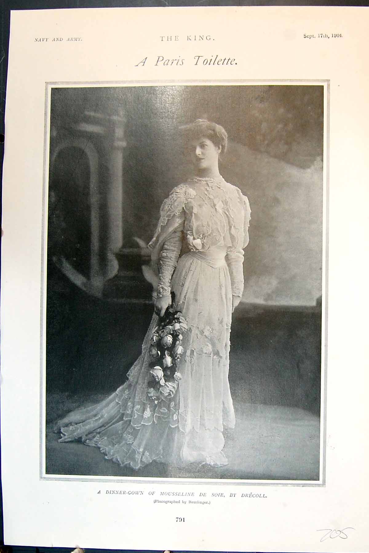 Antique Old Print Dinner-Gown Mousseline De Soie Drecoll Paris Toilette 1904